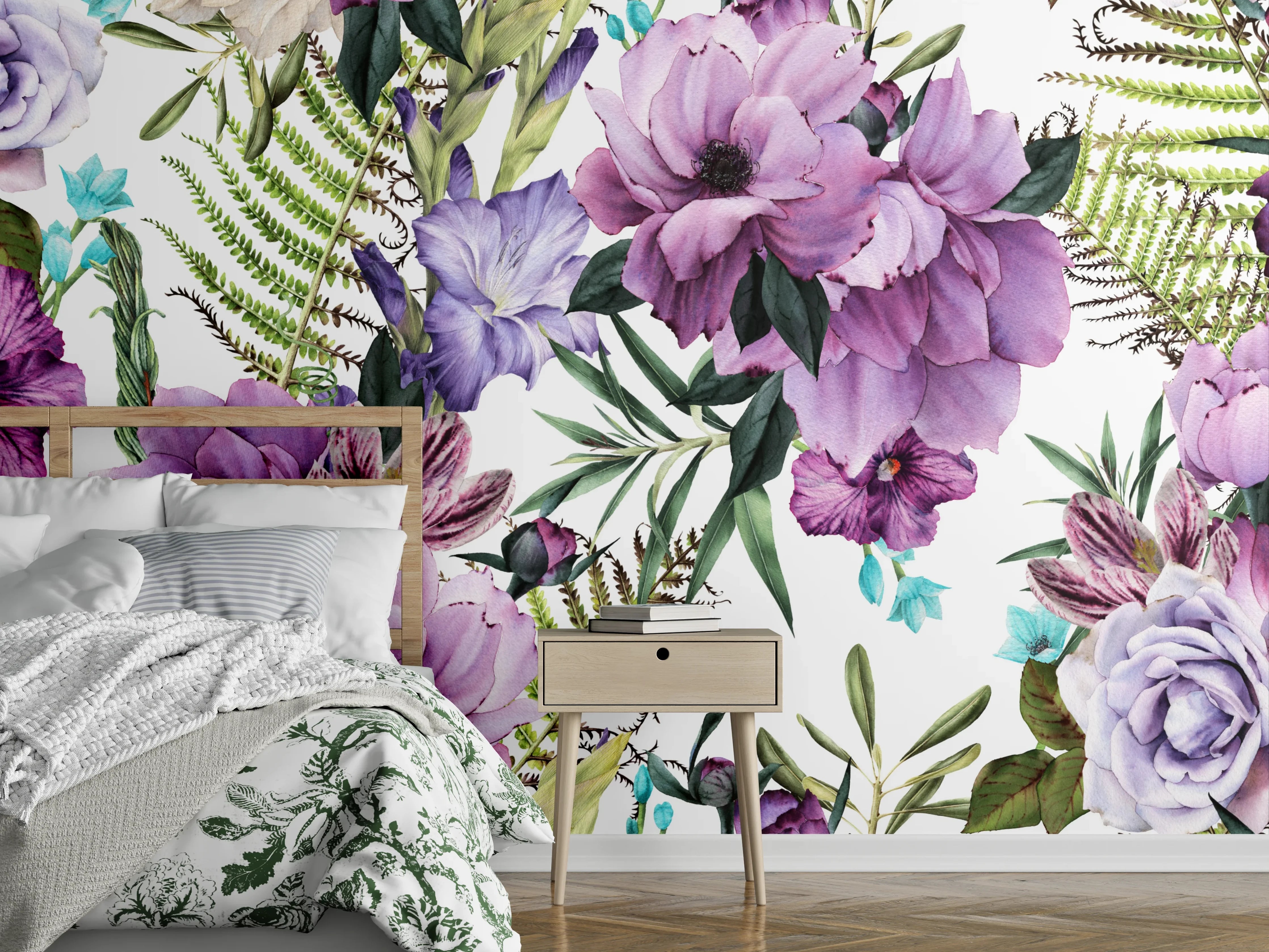 Wandverkleidung Schlafzimmer - Florales Muster Pastell Lila Grün