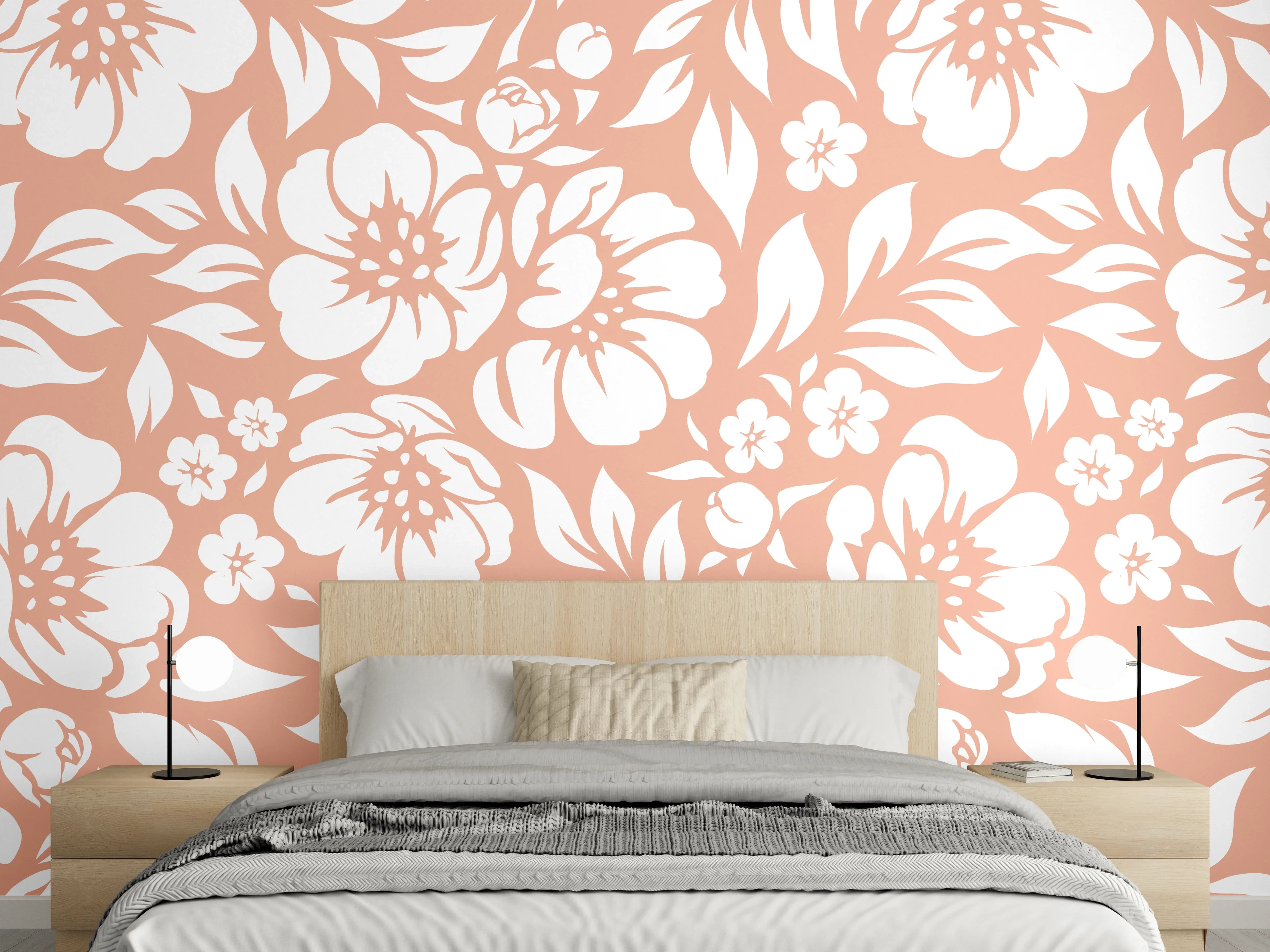 Wandverkleidung Schlafzimmer - Florales Muster Weiß auf Terrakotta