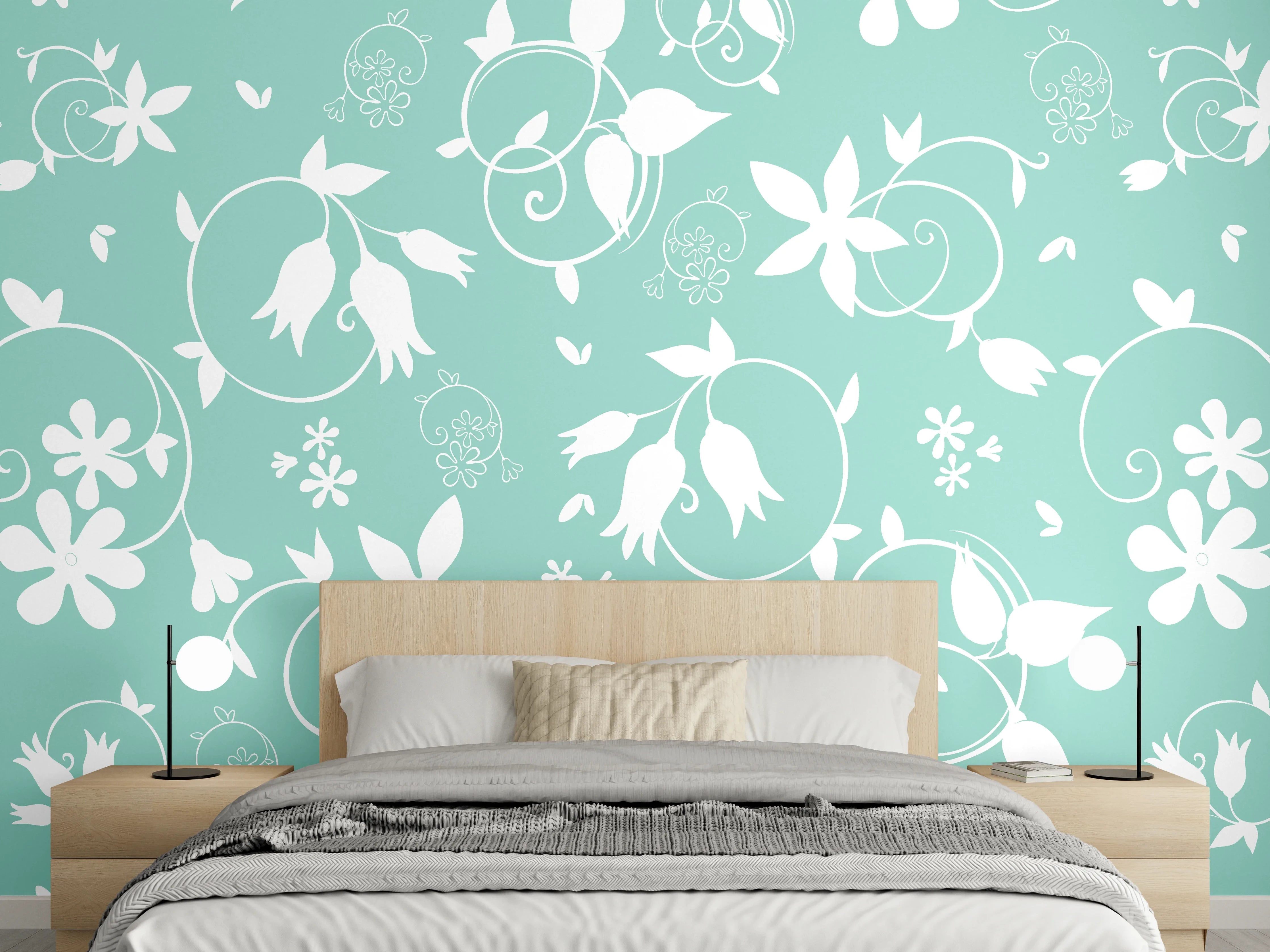 Wandverkleidung Schlafzimmer - Florales Muster auf Mintgrün, Weiß-Grau