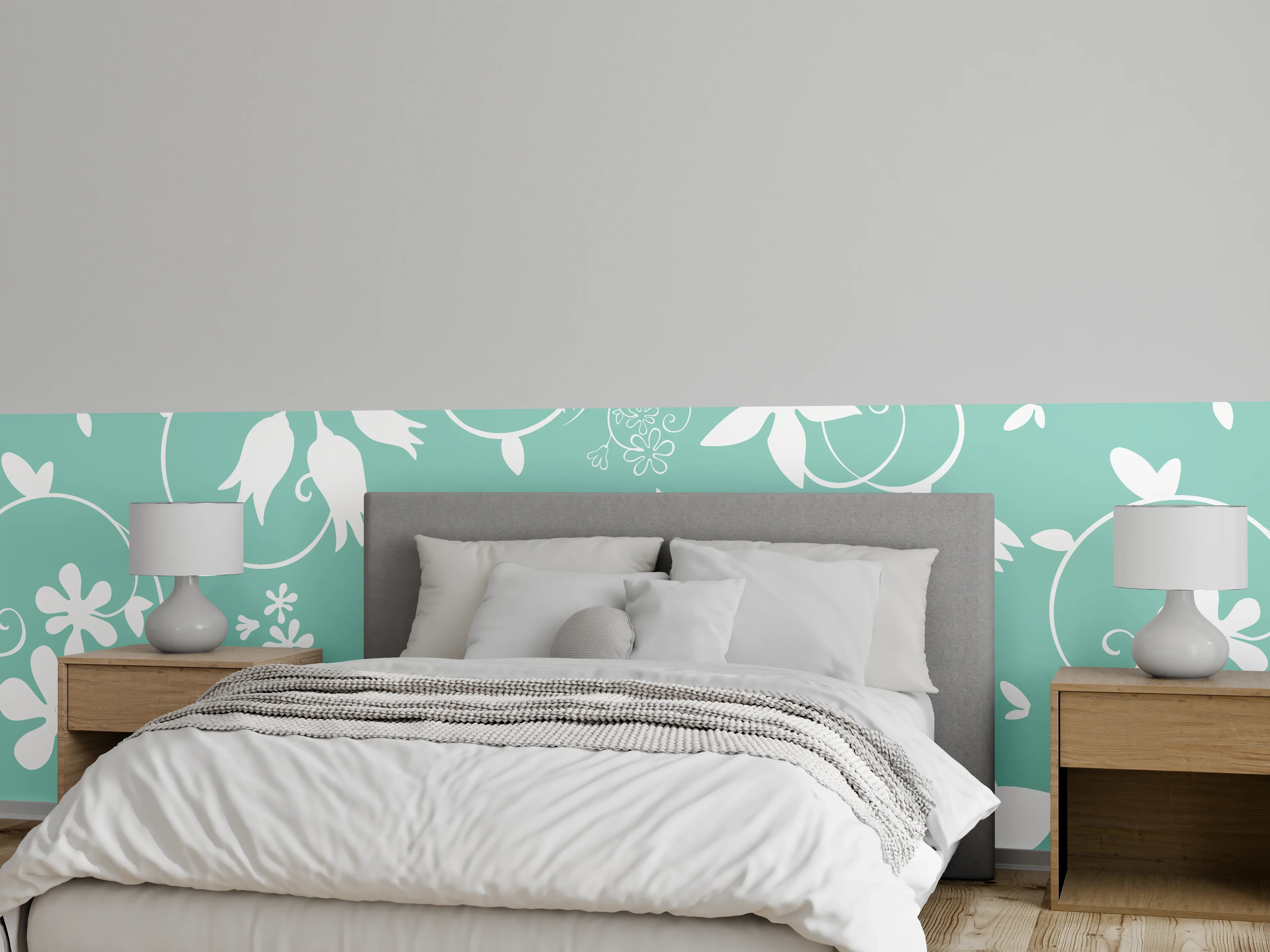 Wandverkleidung Schlafzimmer - Florales Muster auf Mintgrün, Weiß-Grau