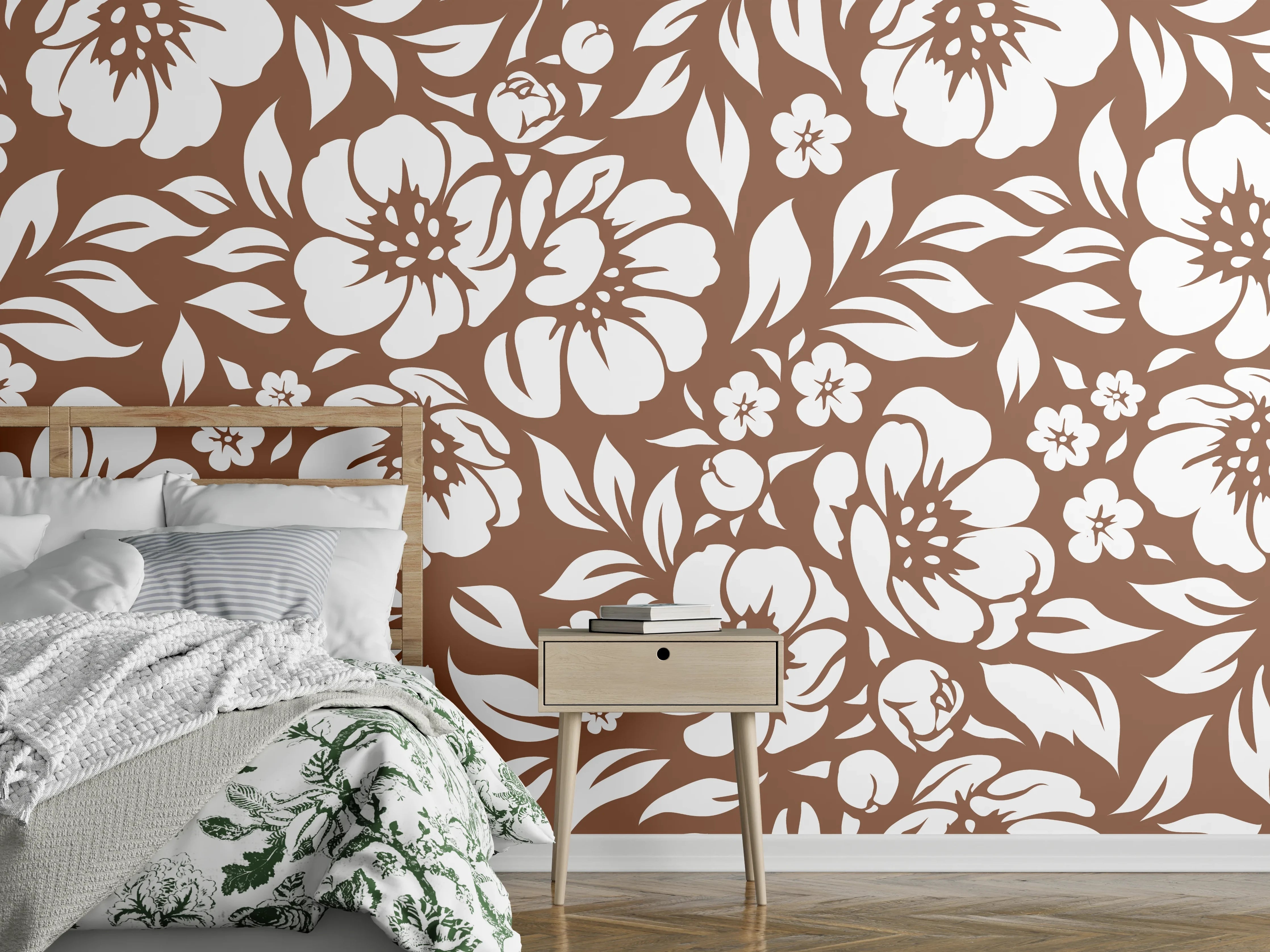 Wandverkleidung Schlafzimmer - Florales Muster in Braun und Weiß