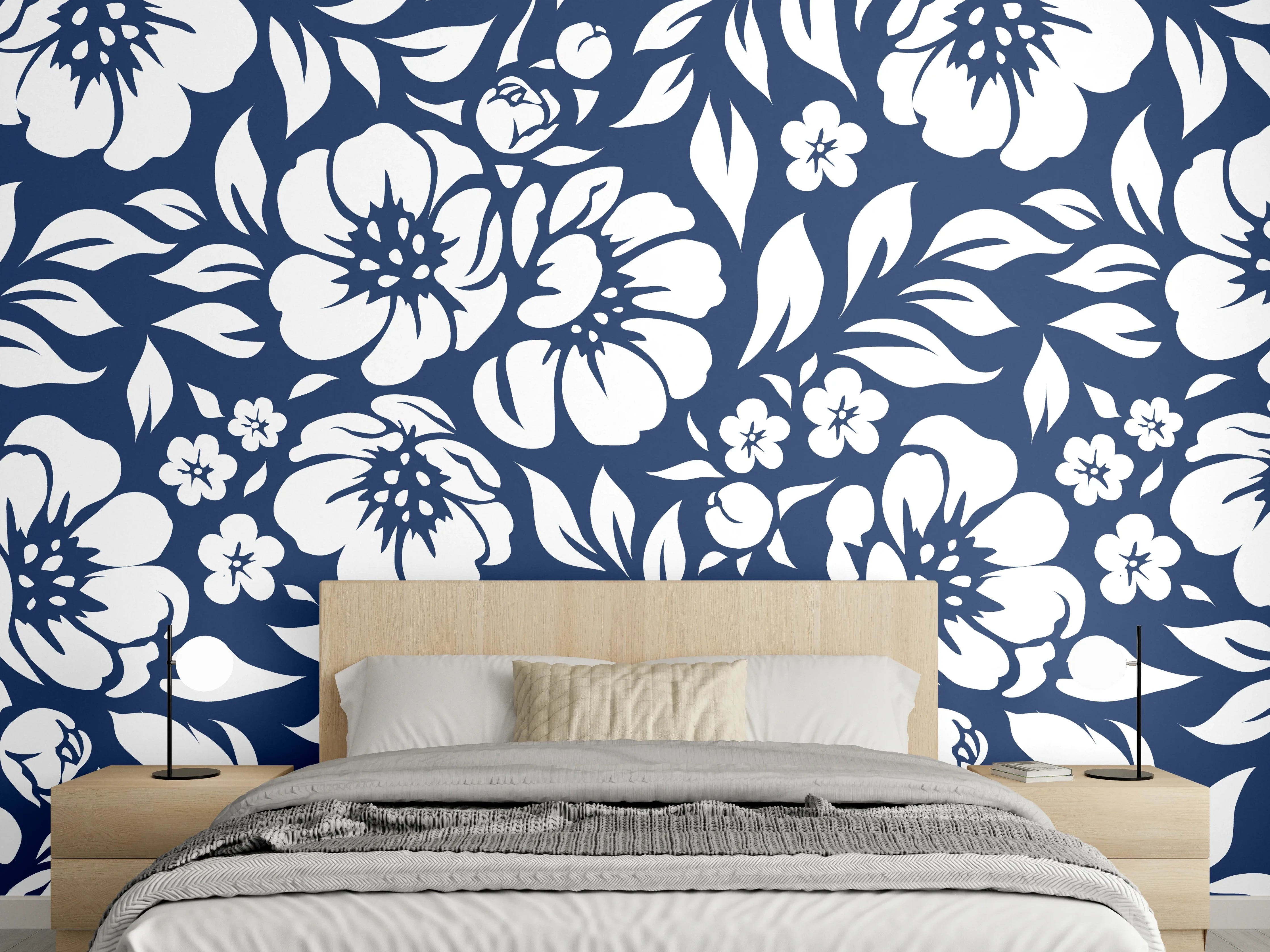 Wandverkleidung Schlafzimmer - Florales Muster in Dunkelblau-Weiß