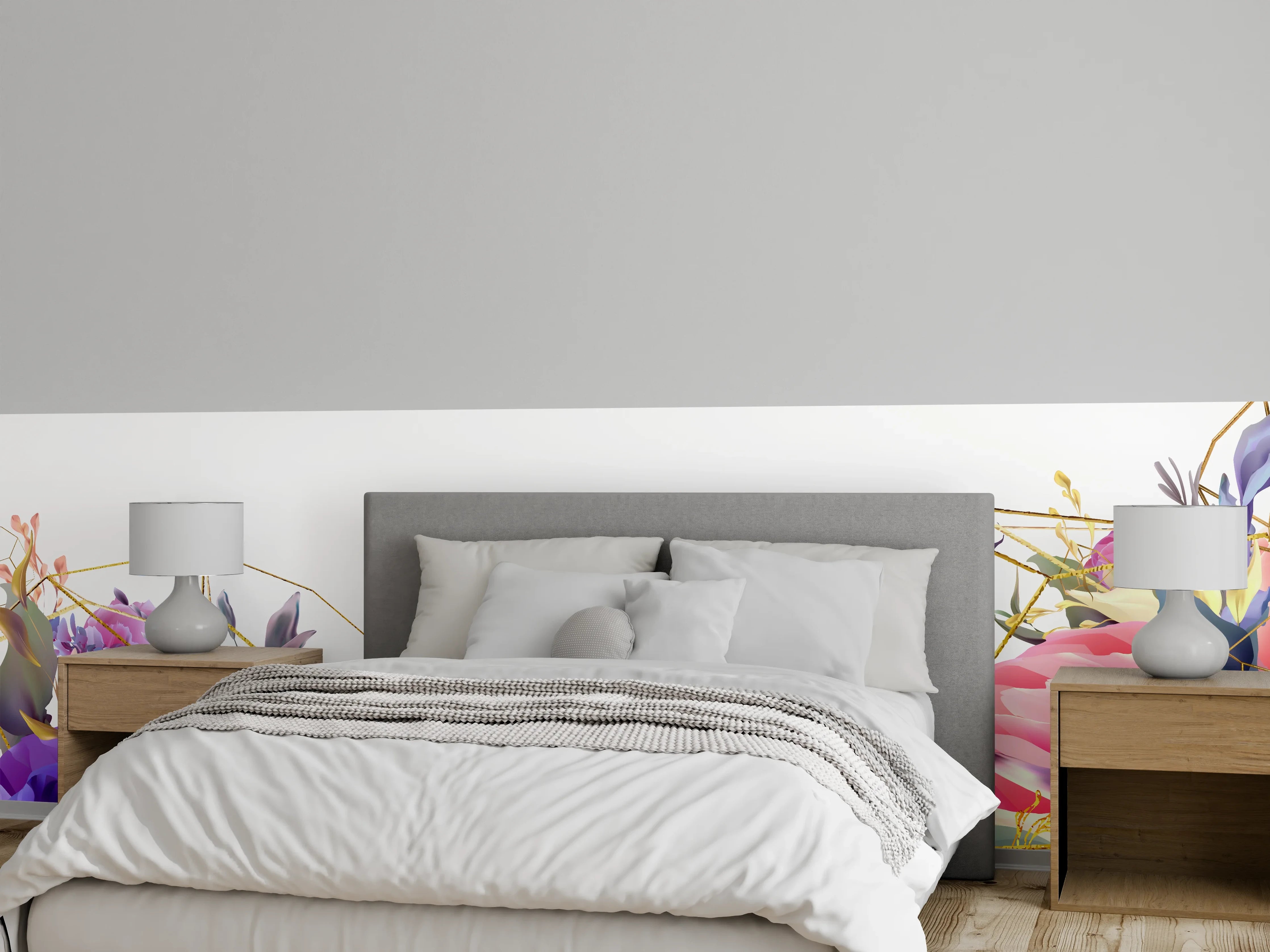 Wandverkleidung Schlafzimmer - Florales Muster mit Goldakzenten