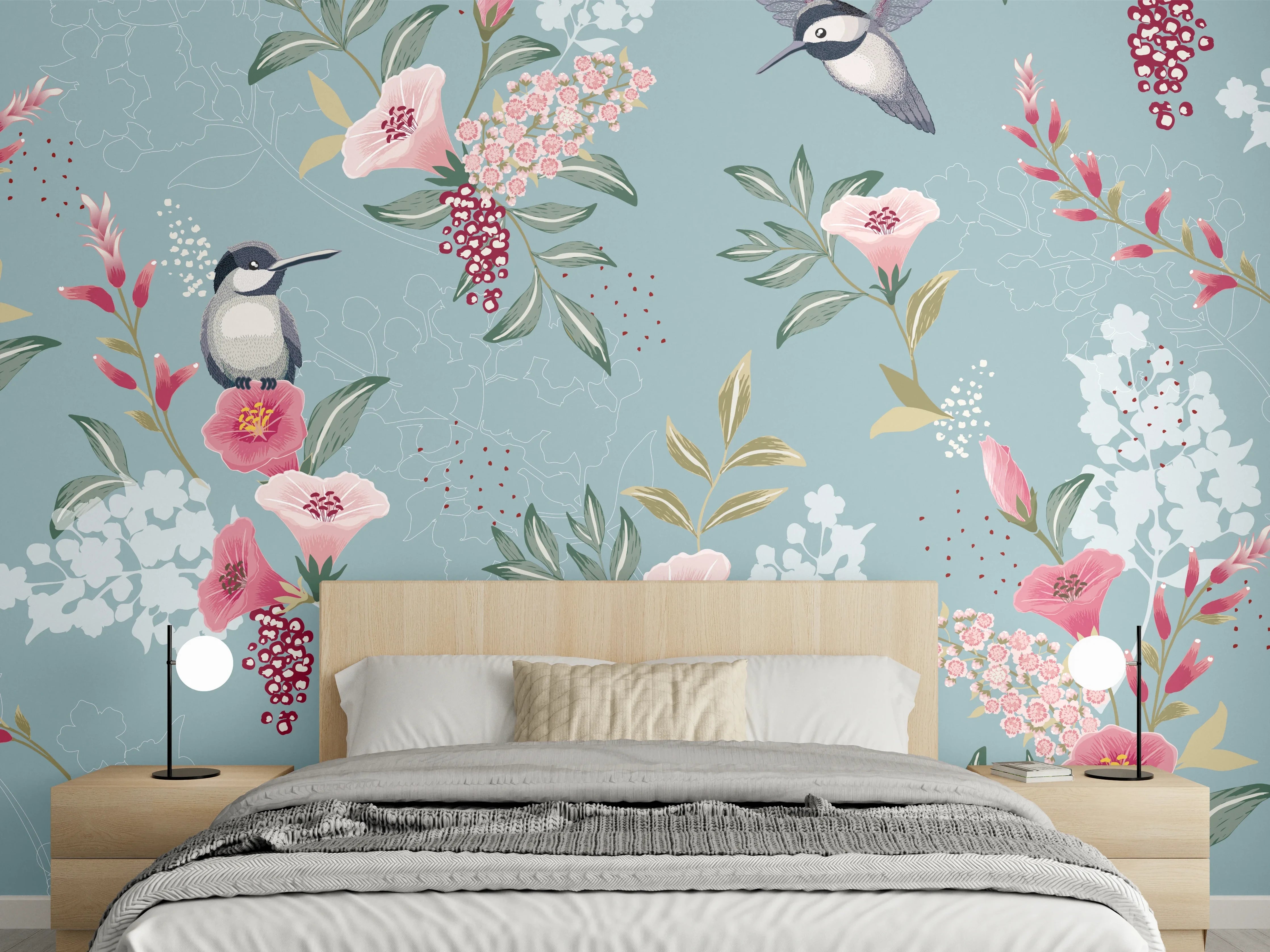 Wandverkleidung Schlafzimmer - Florales Muster mit Vögeln Pastell