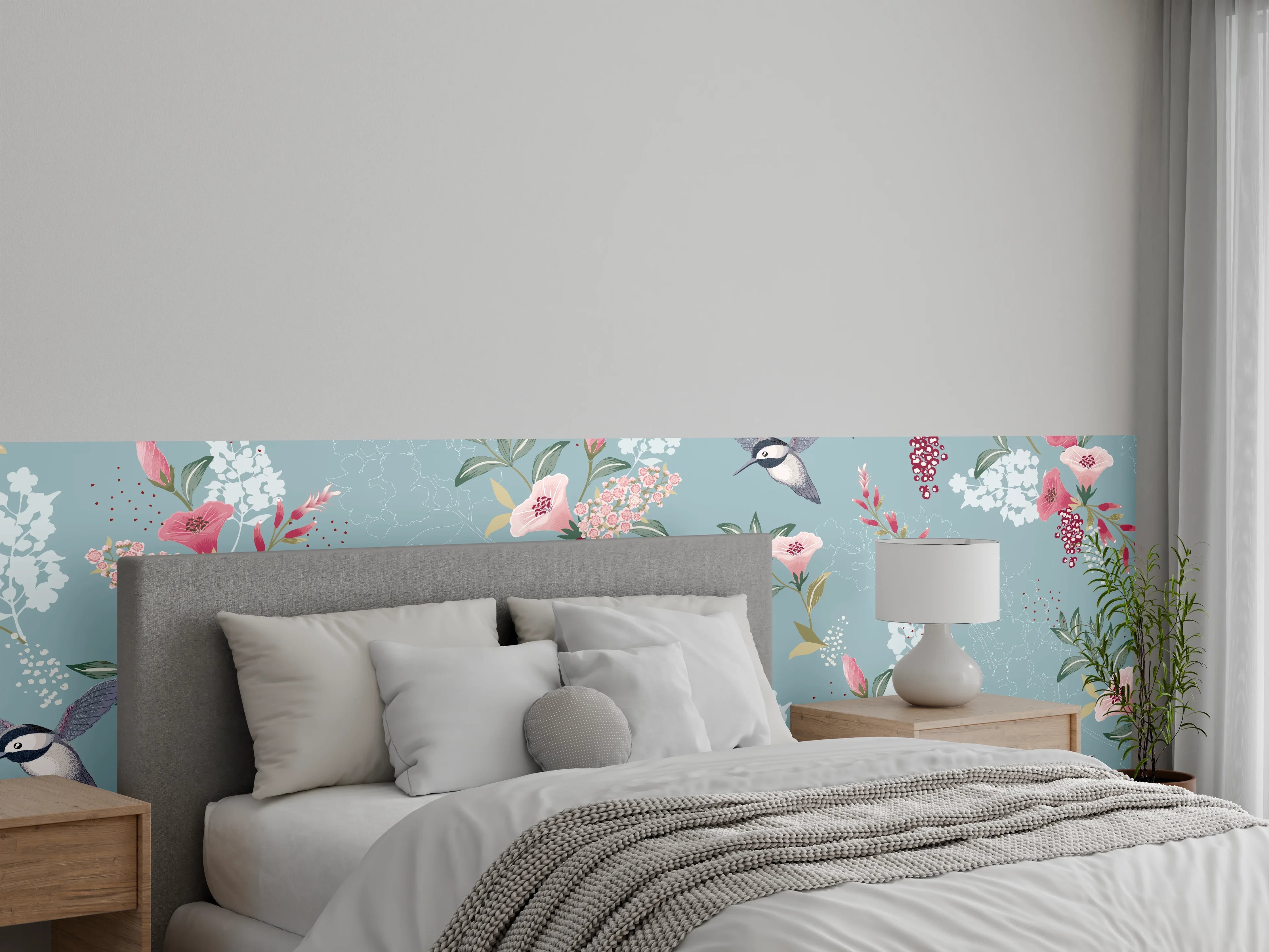 Wandverkleidung Schlafzimmer - Florales Muster mit Vögeln Pastell