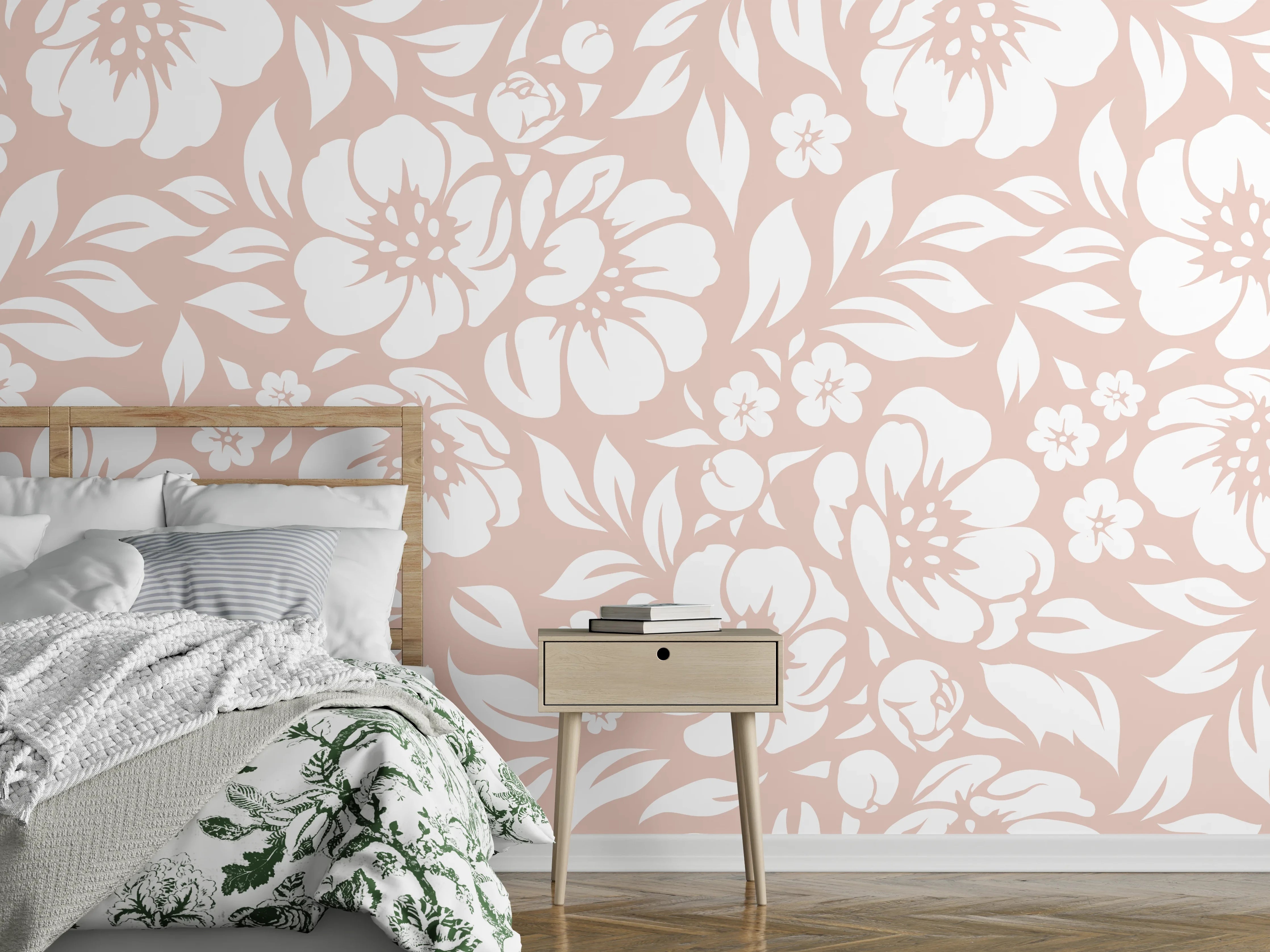 Wandverkleidung Schlafzimmer - Florales Muster weiß-rosé Schlafraum