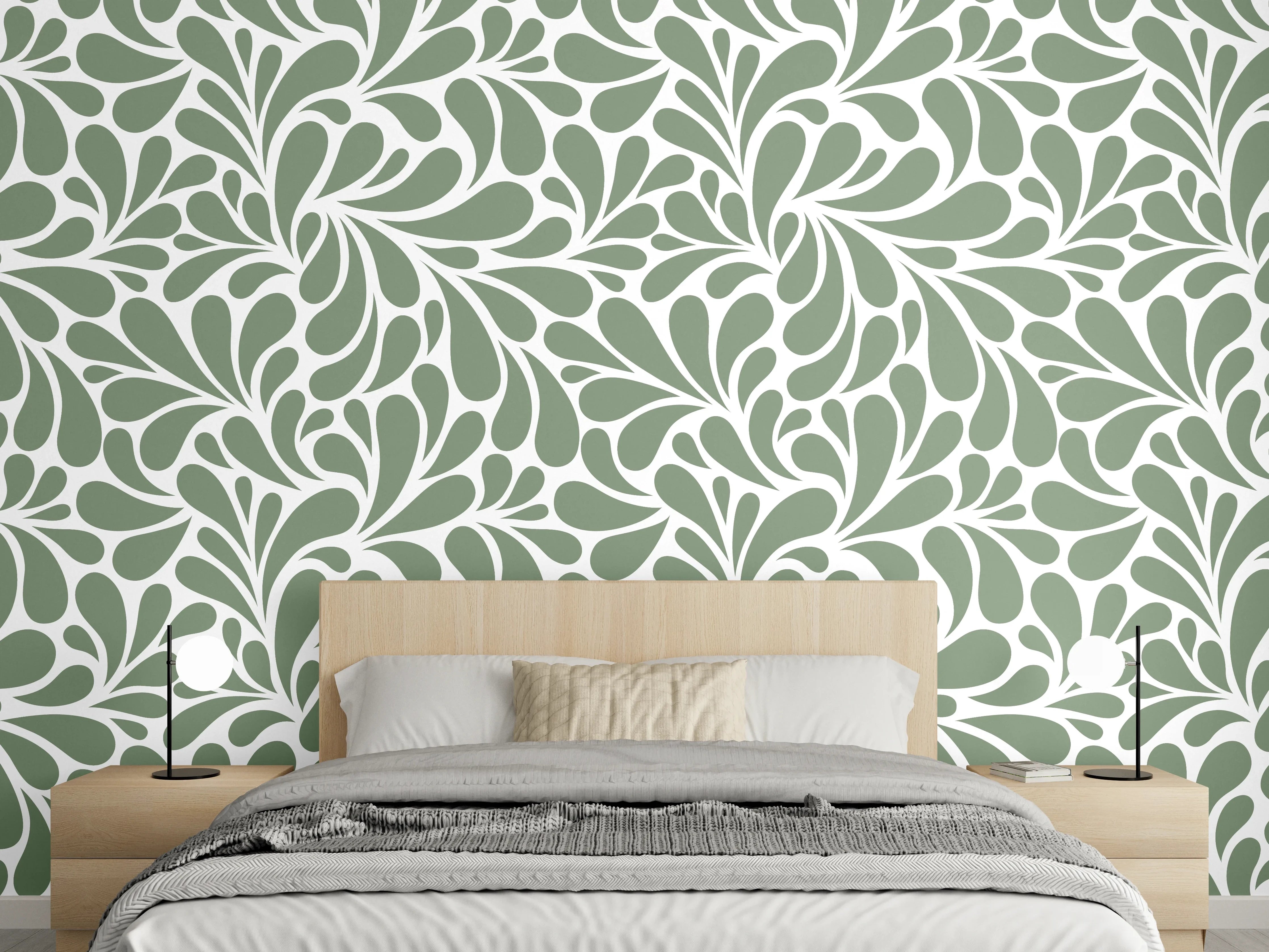Wandverkleidung Schlafzimmer - Florales Ornament Ockergrün Weiß Muster