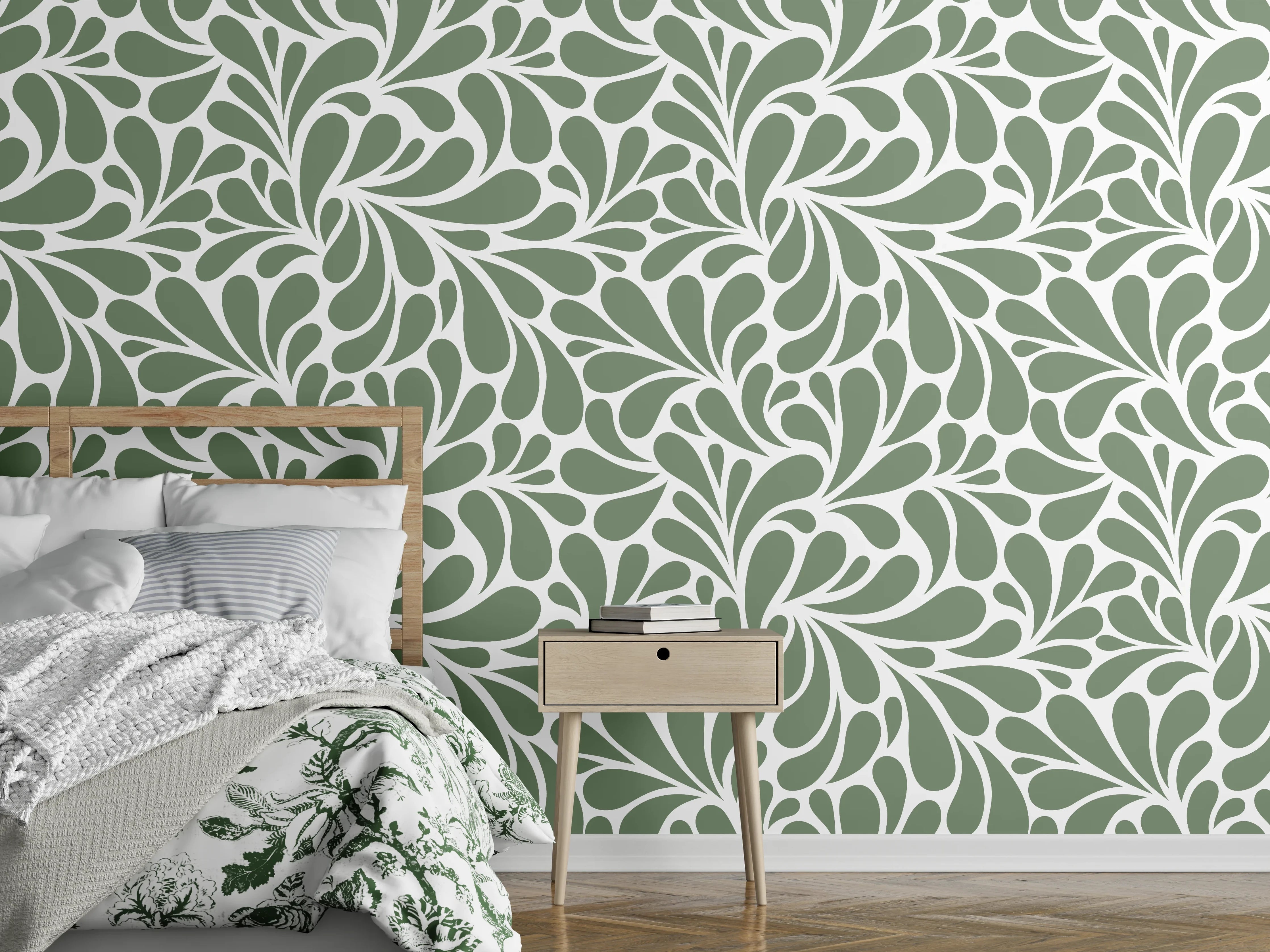 Wandverkleidung Schlafzimmer - Florales Ornament Ockergrün Weiß Muster