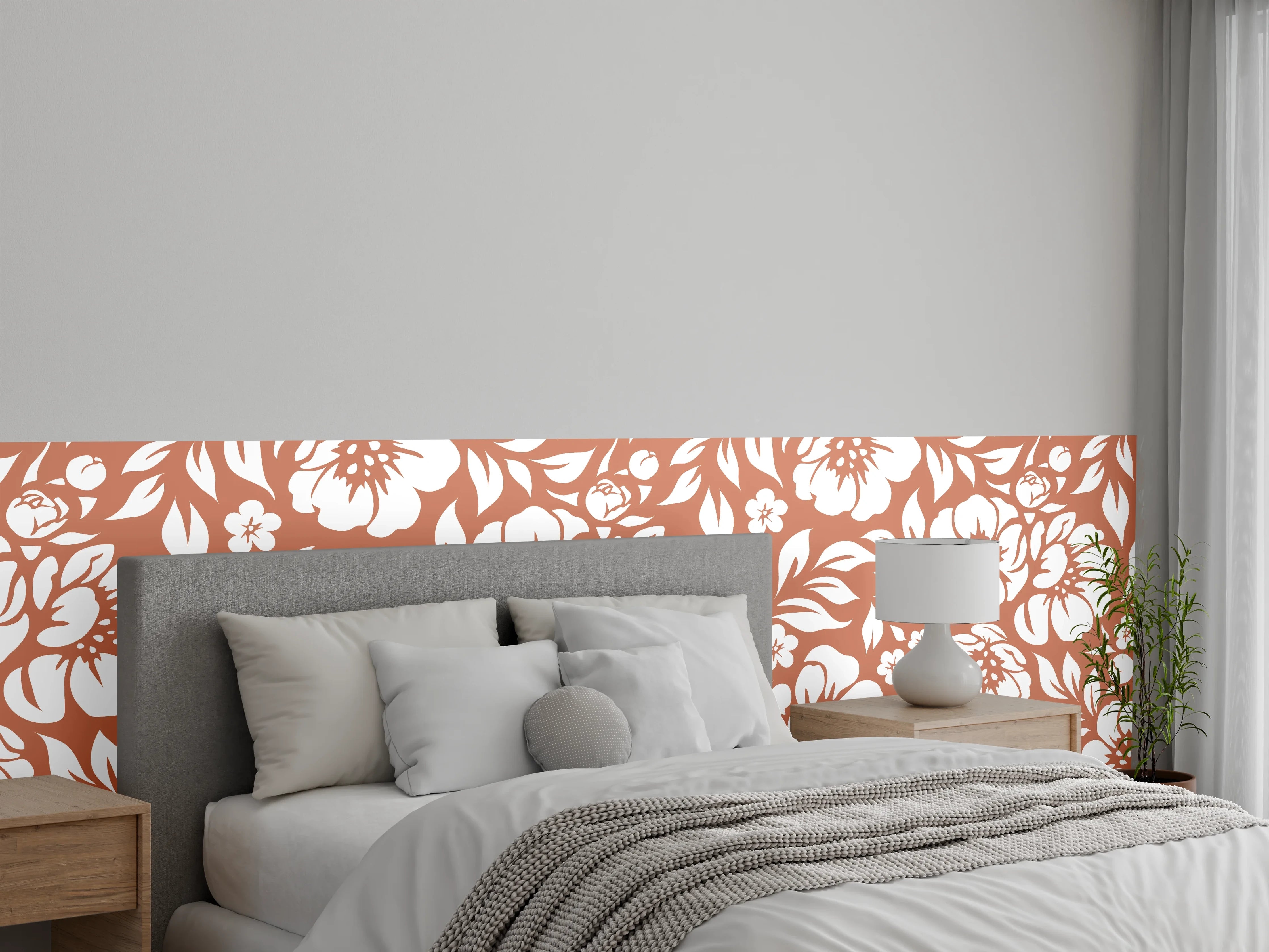 Wandverkleidung Schlafzimmer - Florales Ornamentmuster in Weiß auf Terracotta