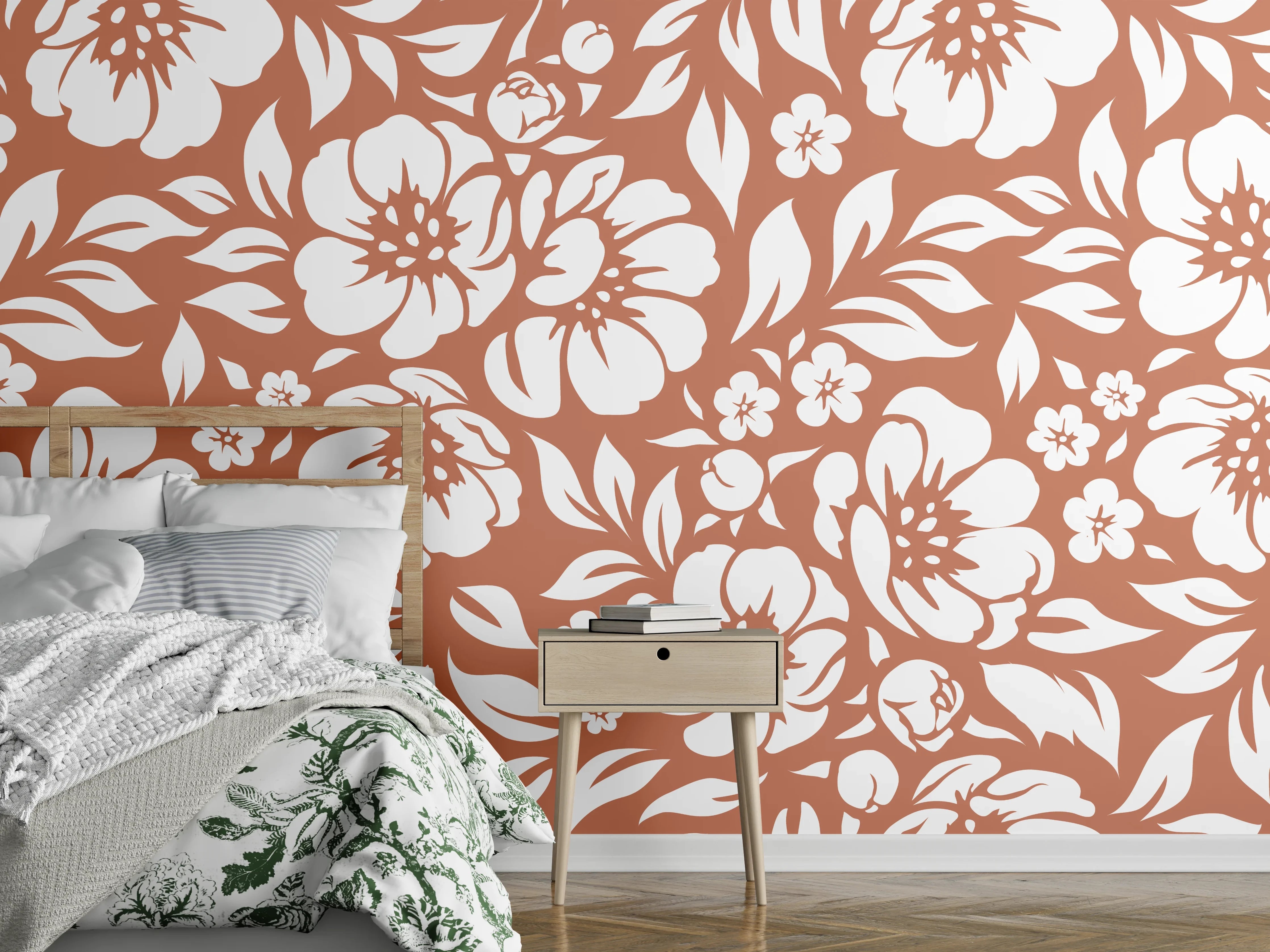 Wandverkleidung Schlafzimmer - Florales Ornamentmuster in Weiß auf Terracotta