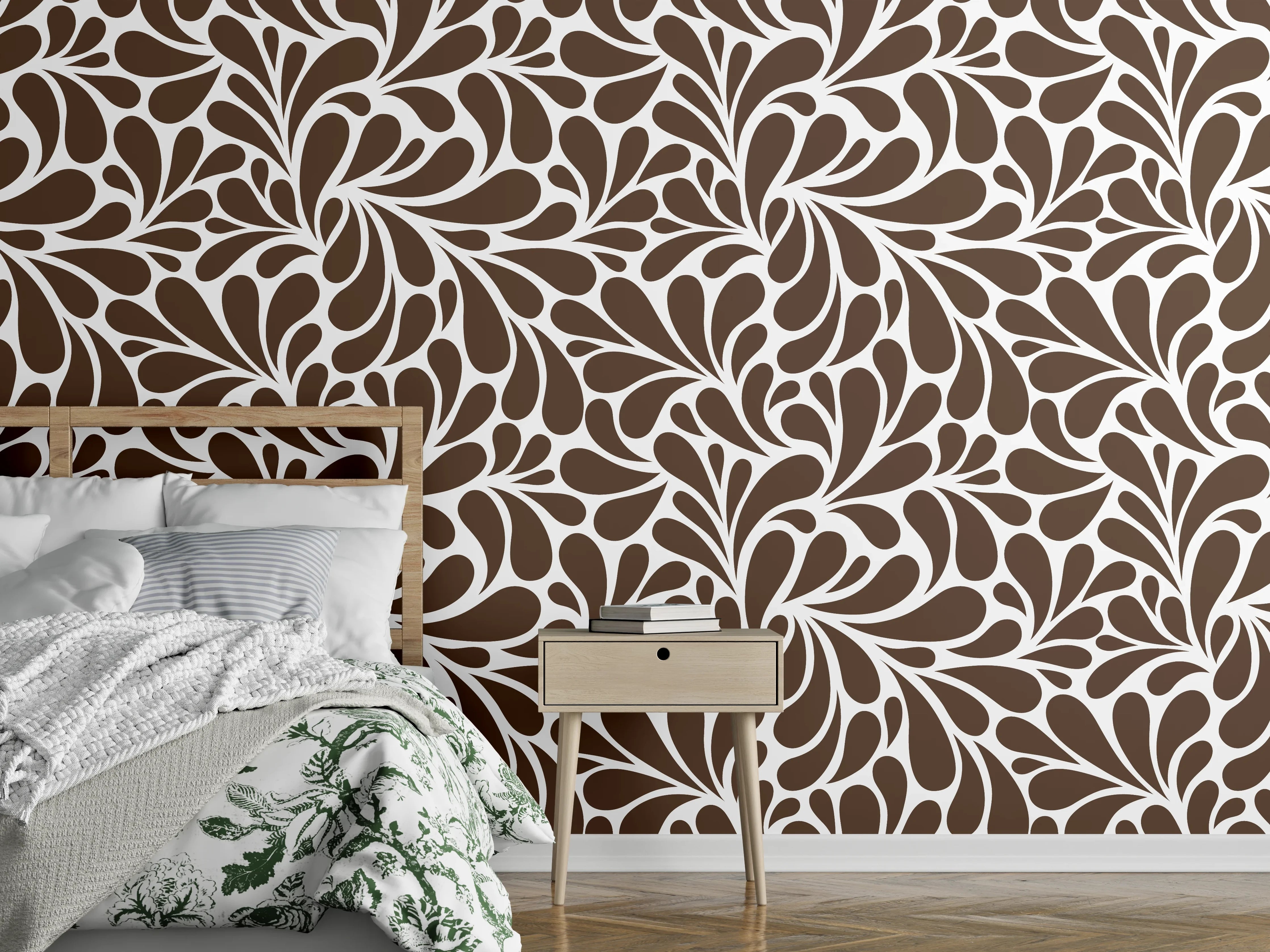 Wandverkleidung Schlafzimmer - Florales Retro-Muster Braun für Wanddekor