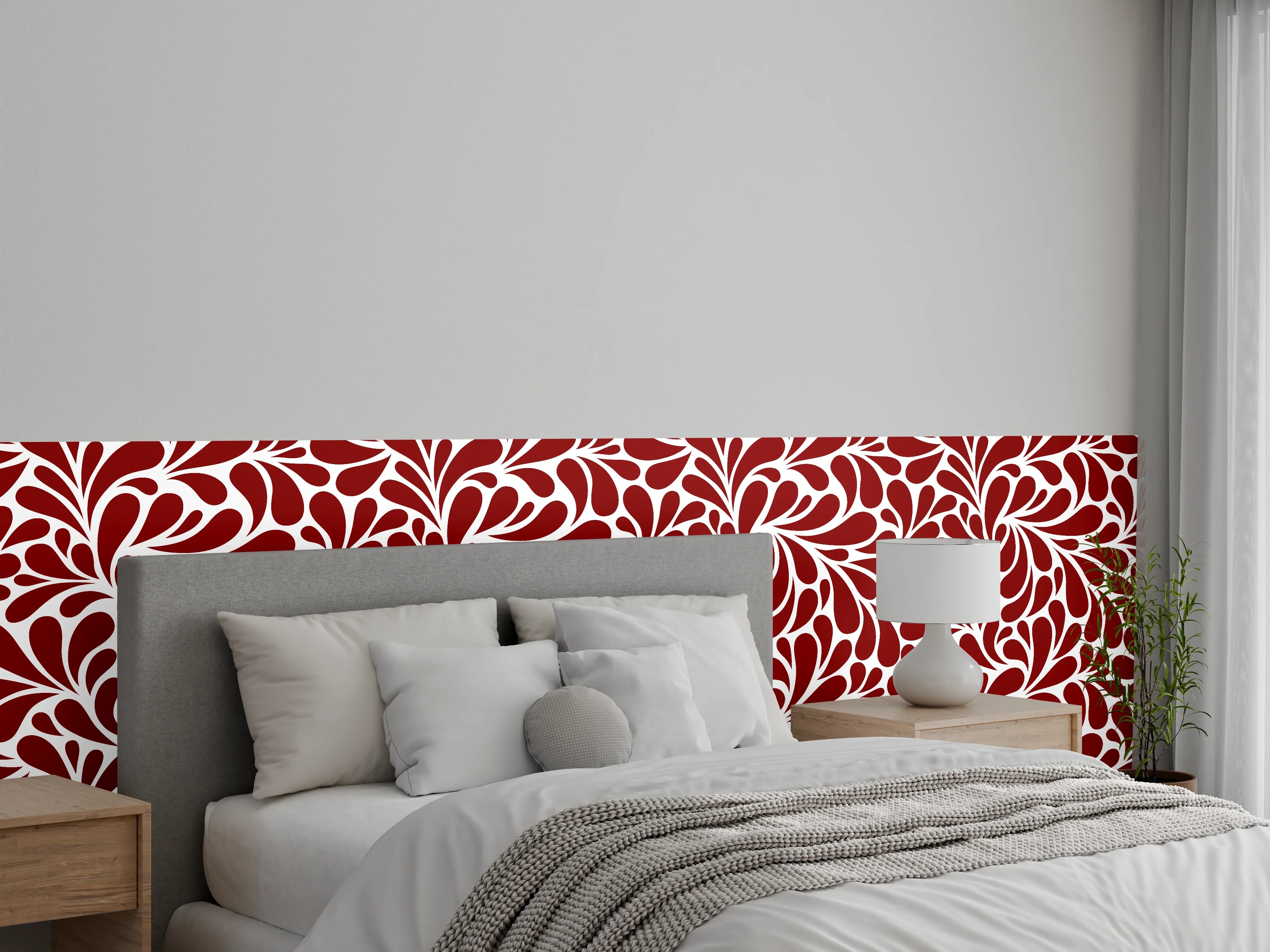Wandverkleidung Schlafzimmer - Florales Retro-Muster in Rot-Weiß