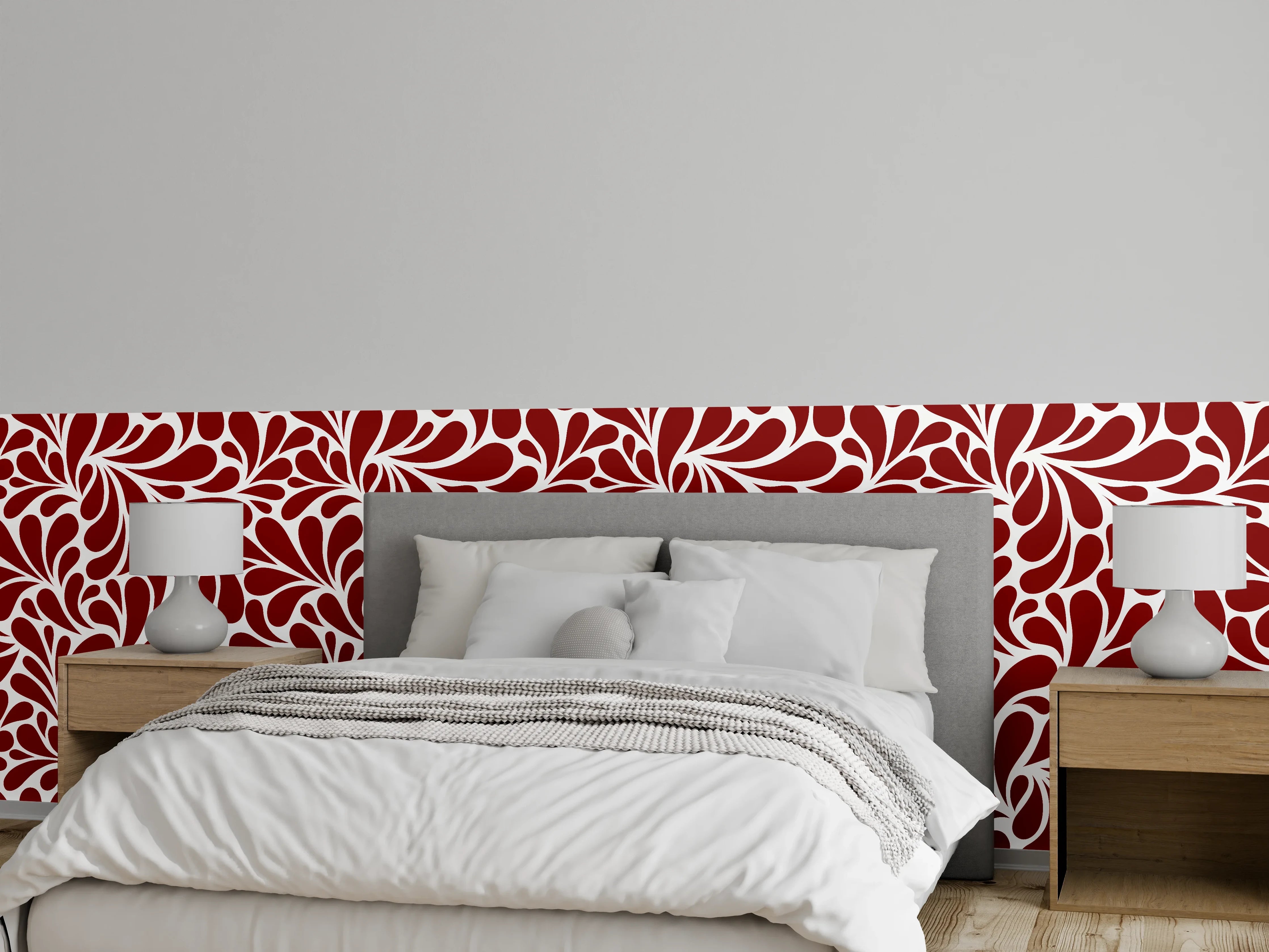 Wandverkleidung Schlafzimmer - Florales Retro-Muster in Rot-Weiß