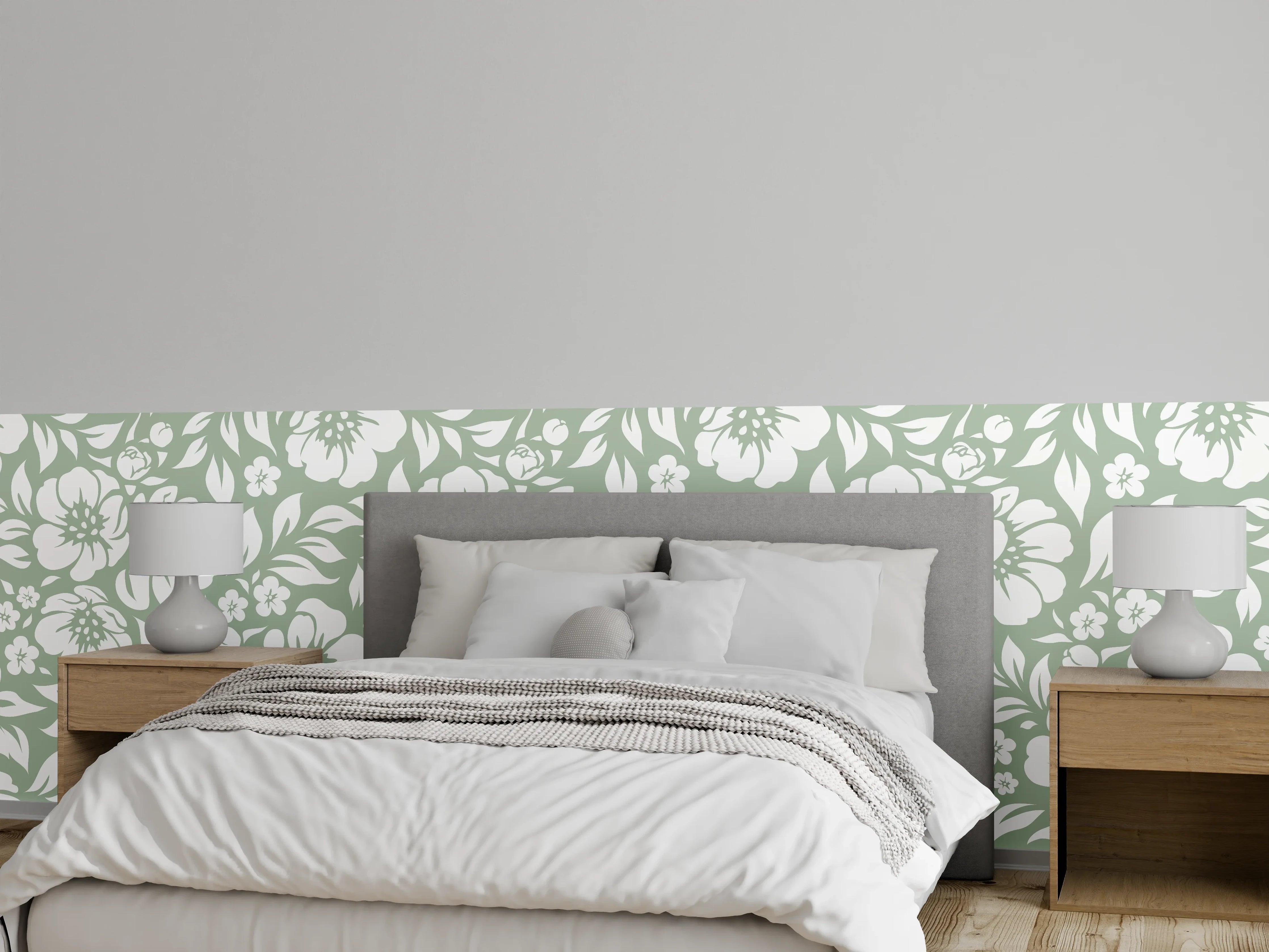 Wandverkleidung Schlafzimmer - Florales Tapetenmuster in Weiß-Grün