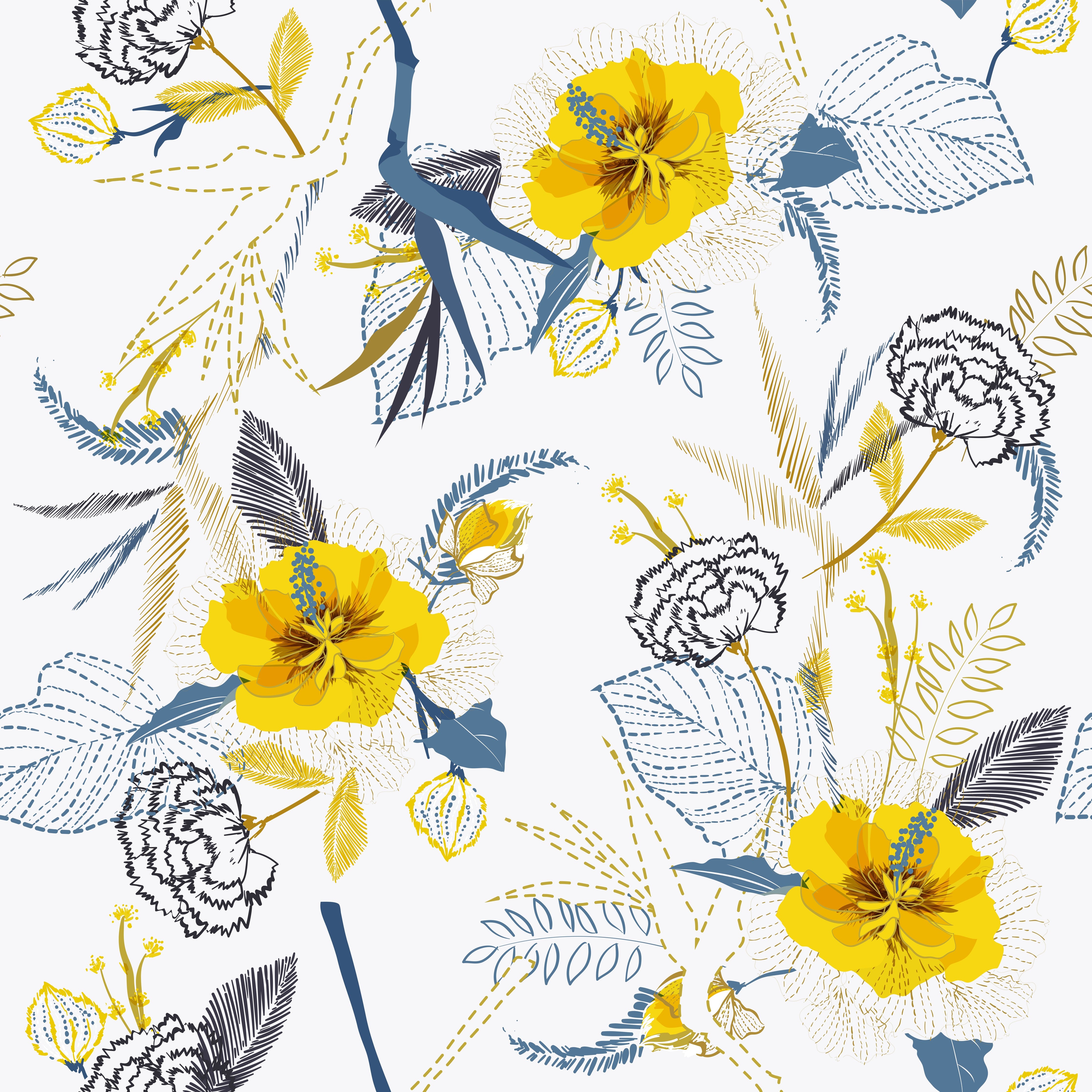 Wandverkleidung Schlafzimmer-Florales Vintage Muster Gelb-Blau Illustration