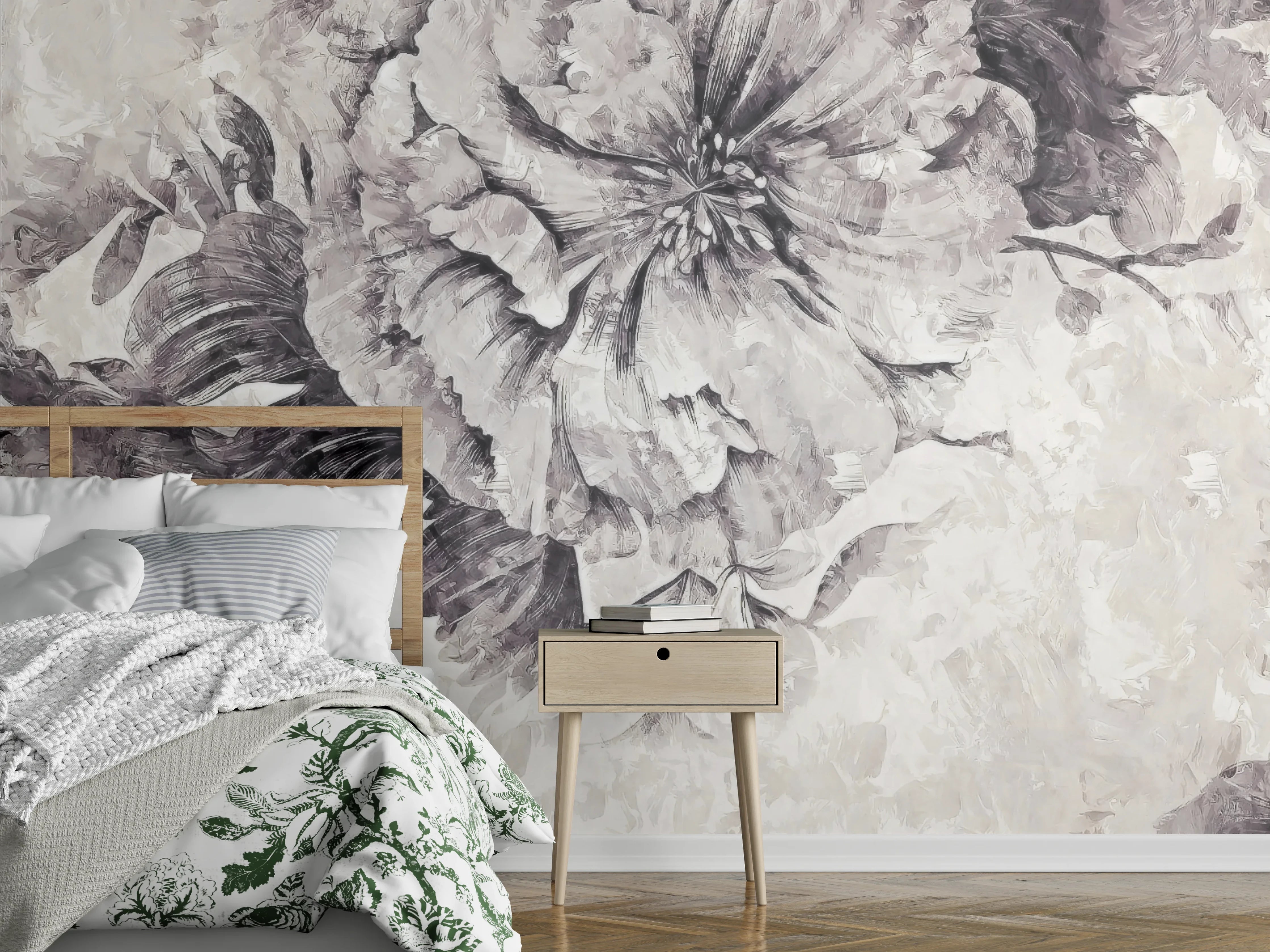 Wandverkleidung Schlafzimmer - Florales Wandmotiv Schwarz-Weiß Optik