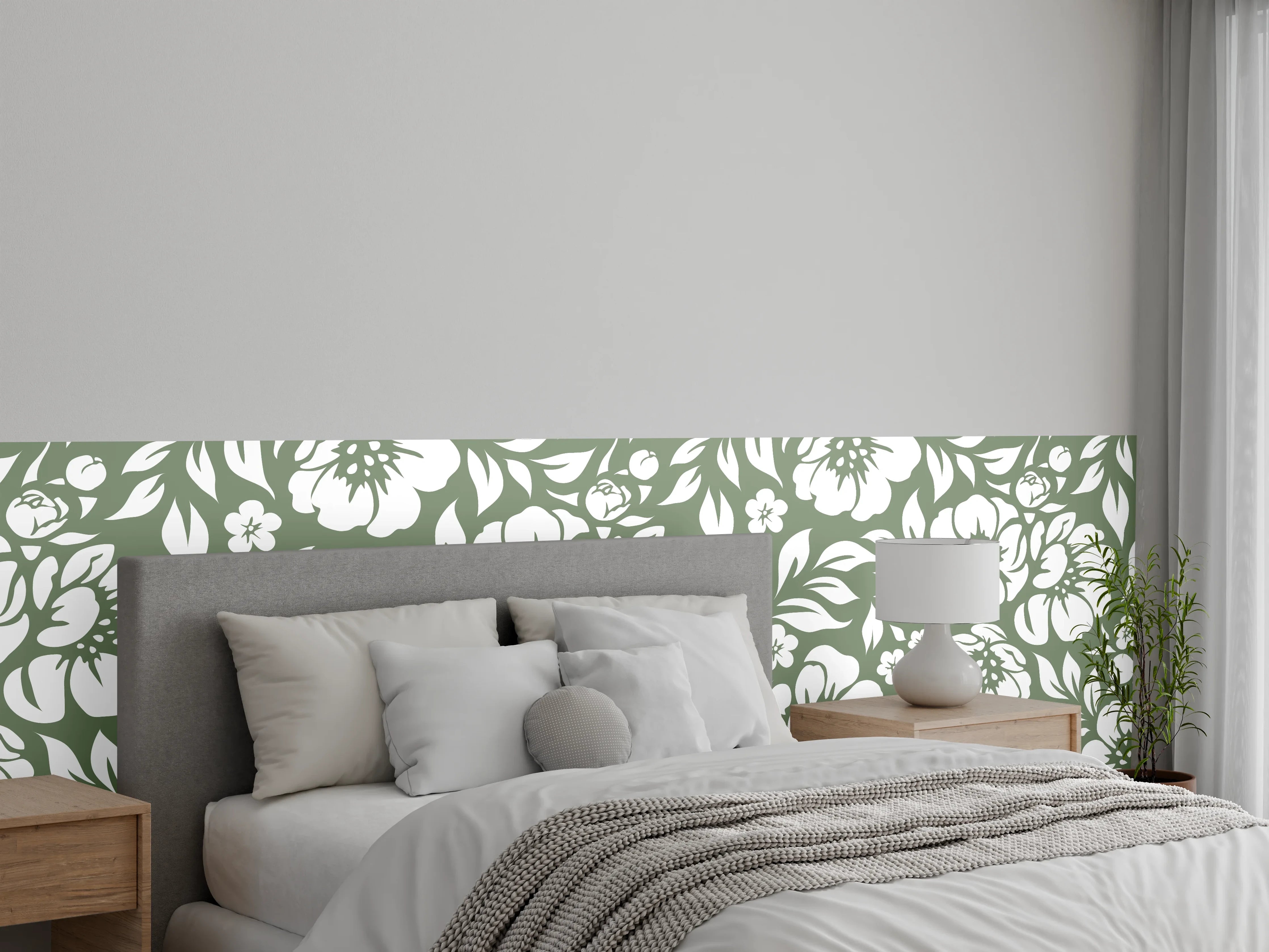 Wandverkleidung Schlafzimmer - Florales Wandmotiv in Weiß und Grün
