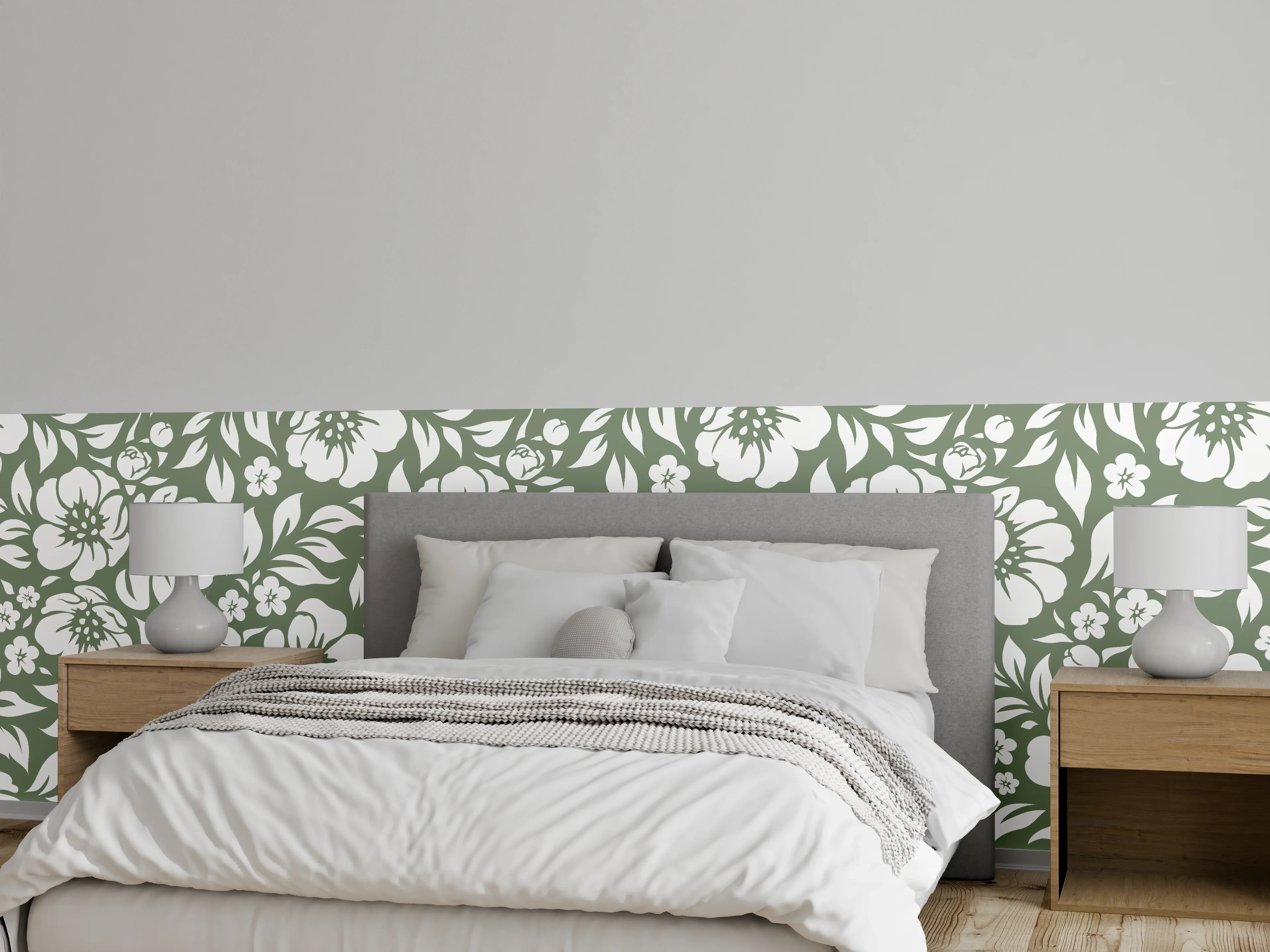 Wandverkleidung Schlafzimmer - Florales Wandmotiv in Weiß und Grün
