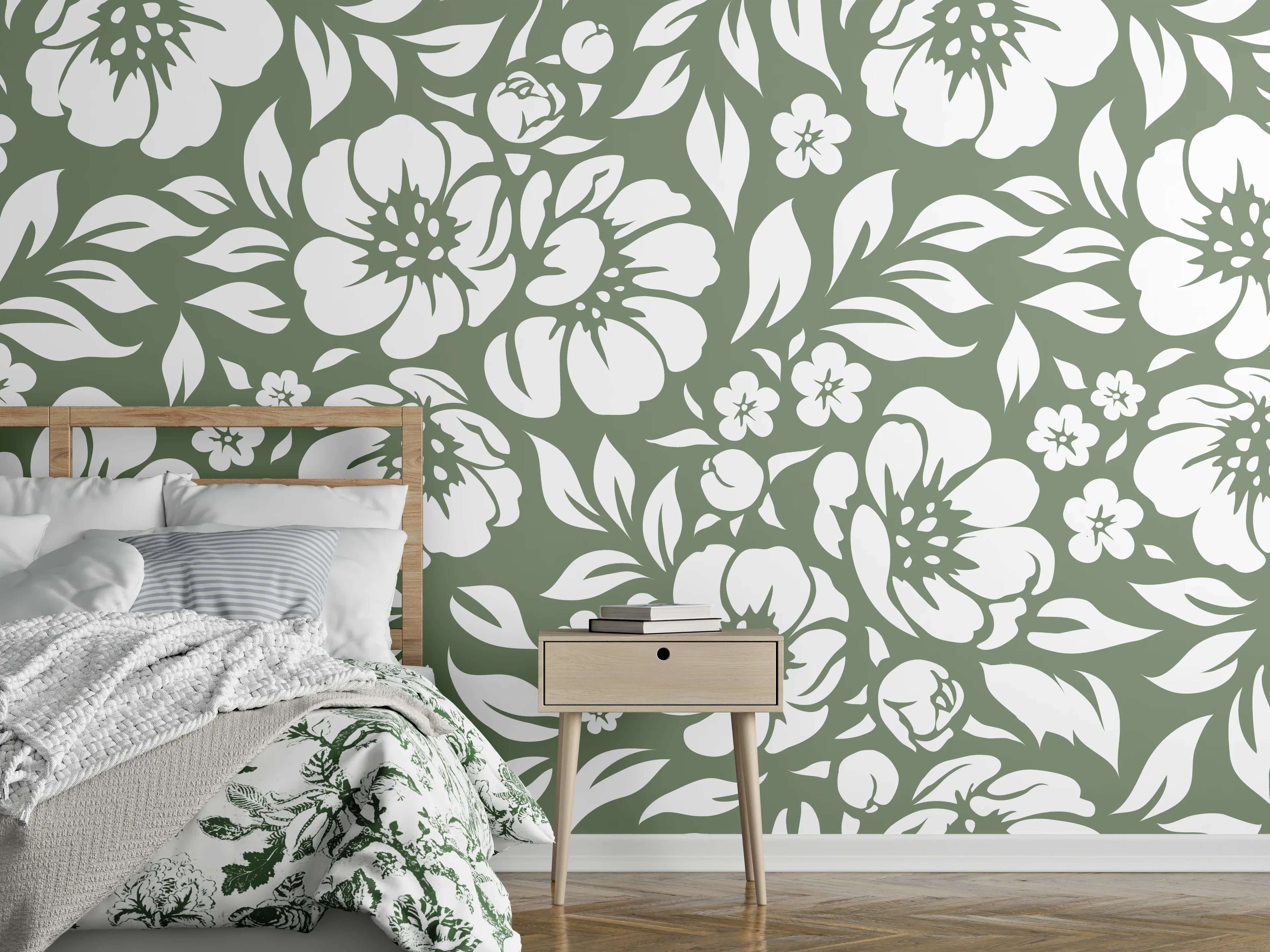Wandverkleidung Schlafzimmer - Florales Wandmotiv in Weiß und Grün