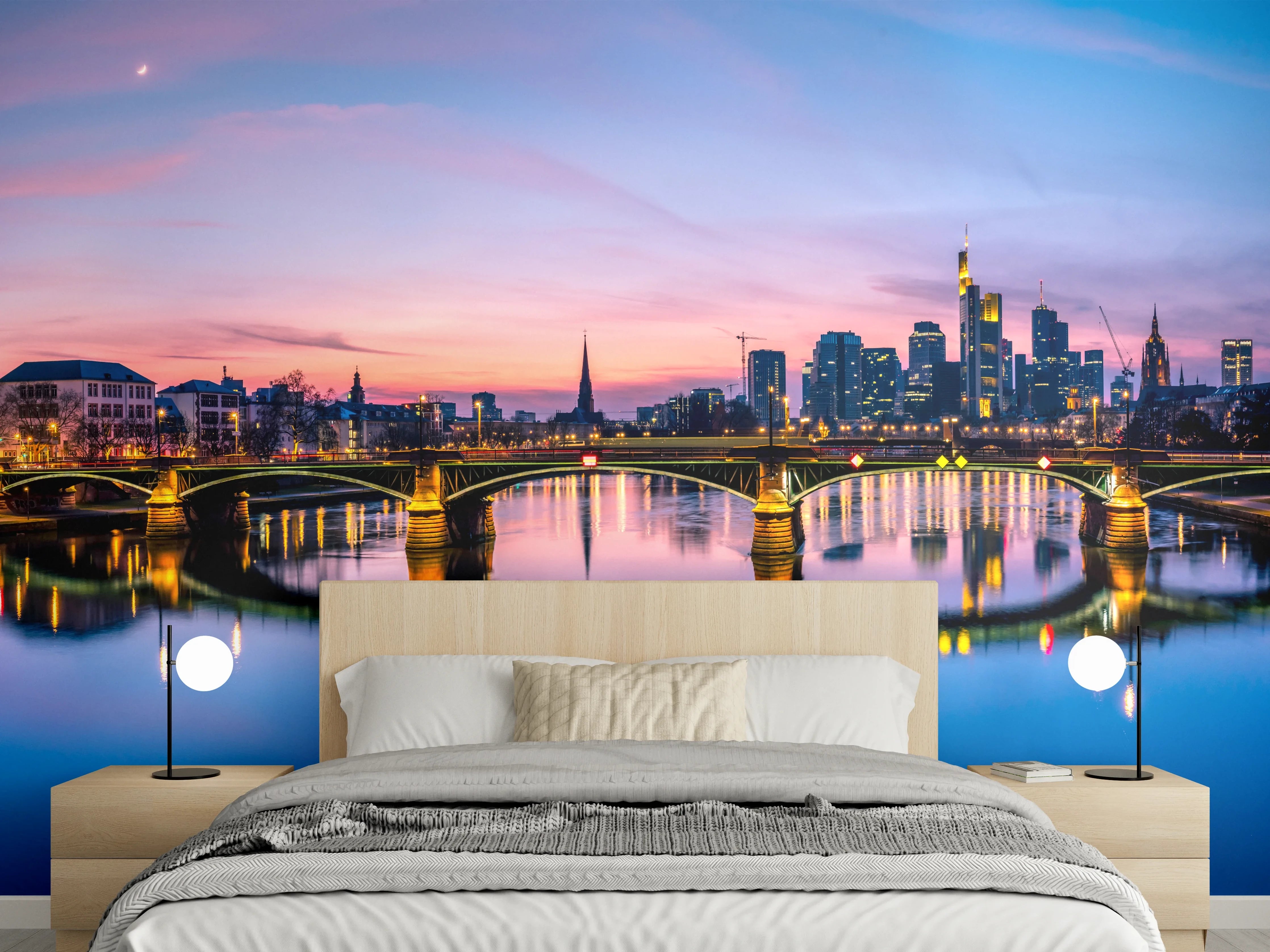 Wandverkleidung Schlafzimmer - Frankfurt Skyline Wasserspiegelung