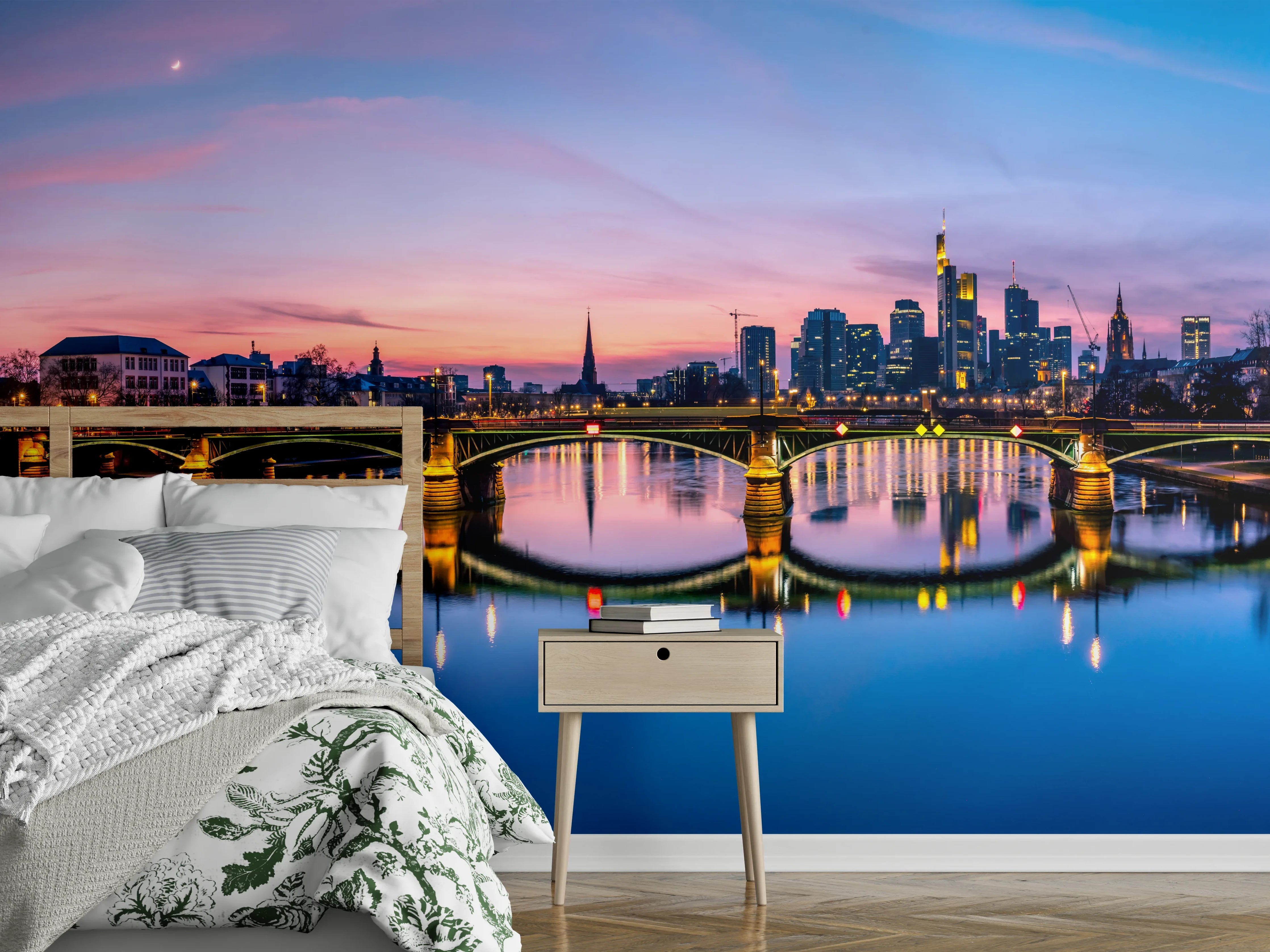 Wandverkleidung Schlafzimmer - Frankfurt Skyline Wasserspiegelung