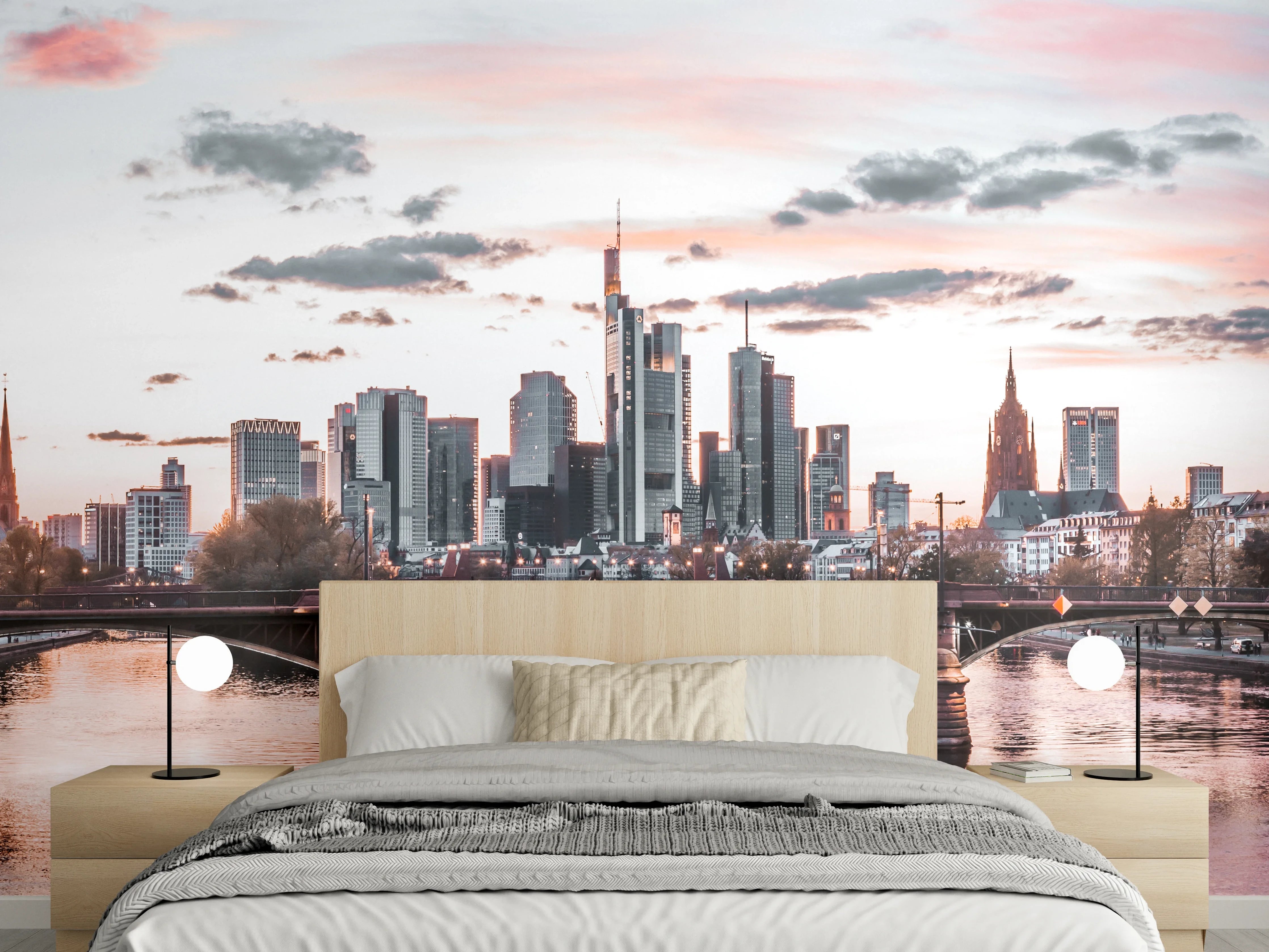 Wandverkleidung Schlafzimmer - Frankfurt Skyline bei Sonnenuntergang Panorama