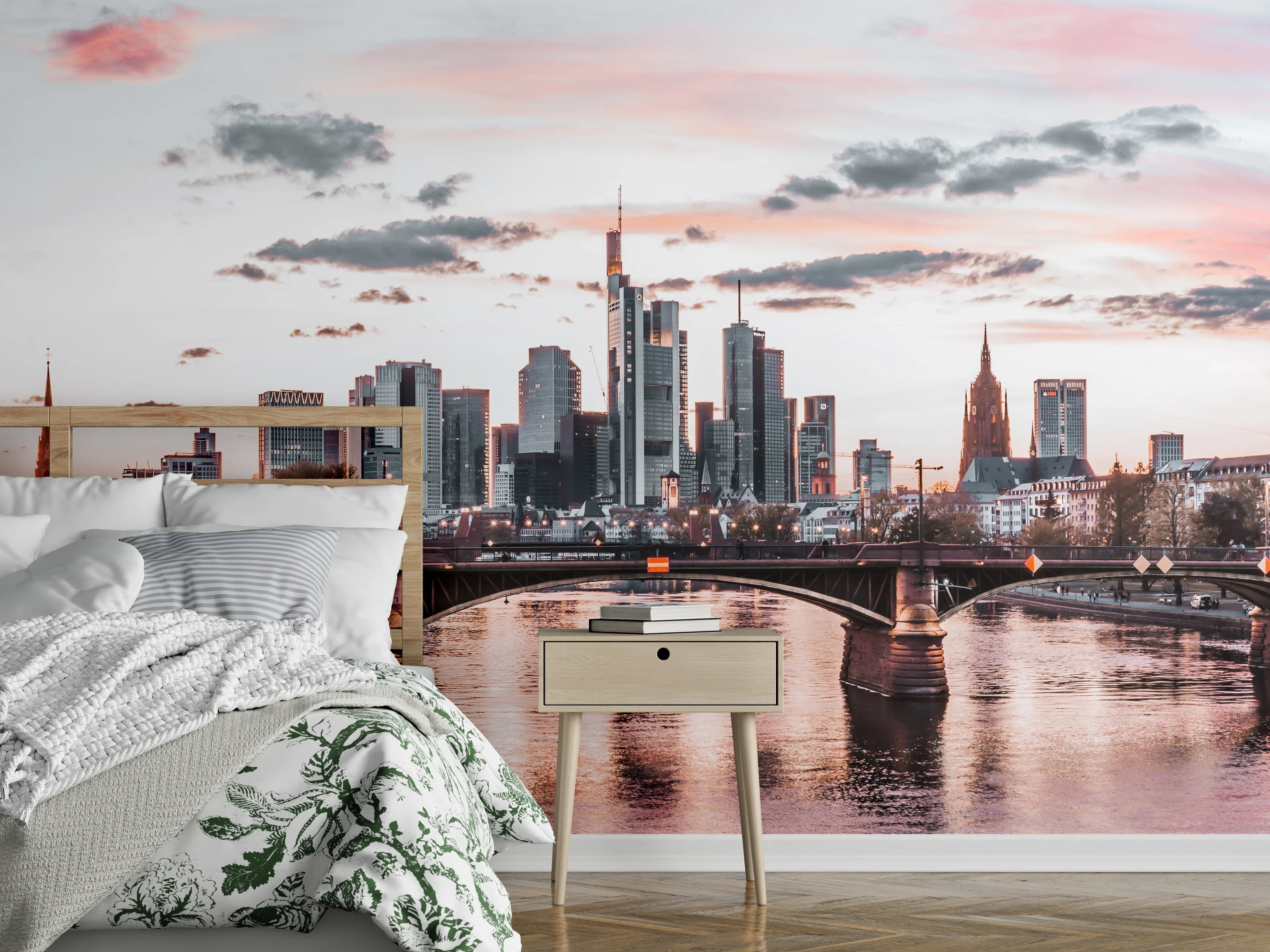 Wandverkleidung Schlafzimmer - Frankfurt Skyline bei Sonnenuntergang Panorama