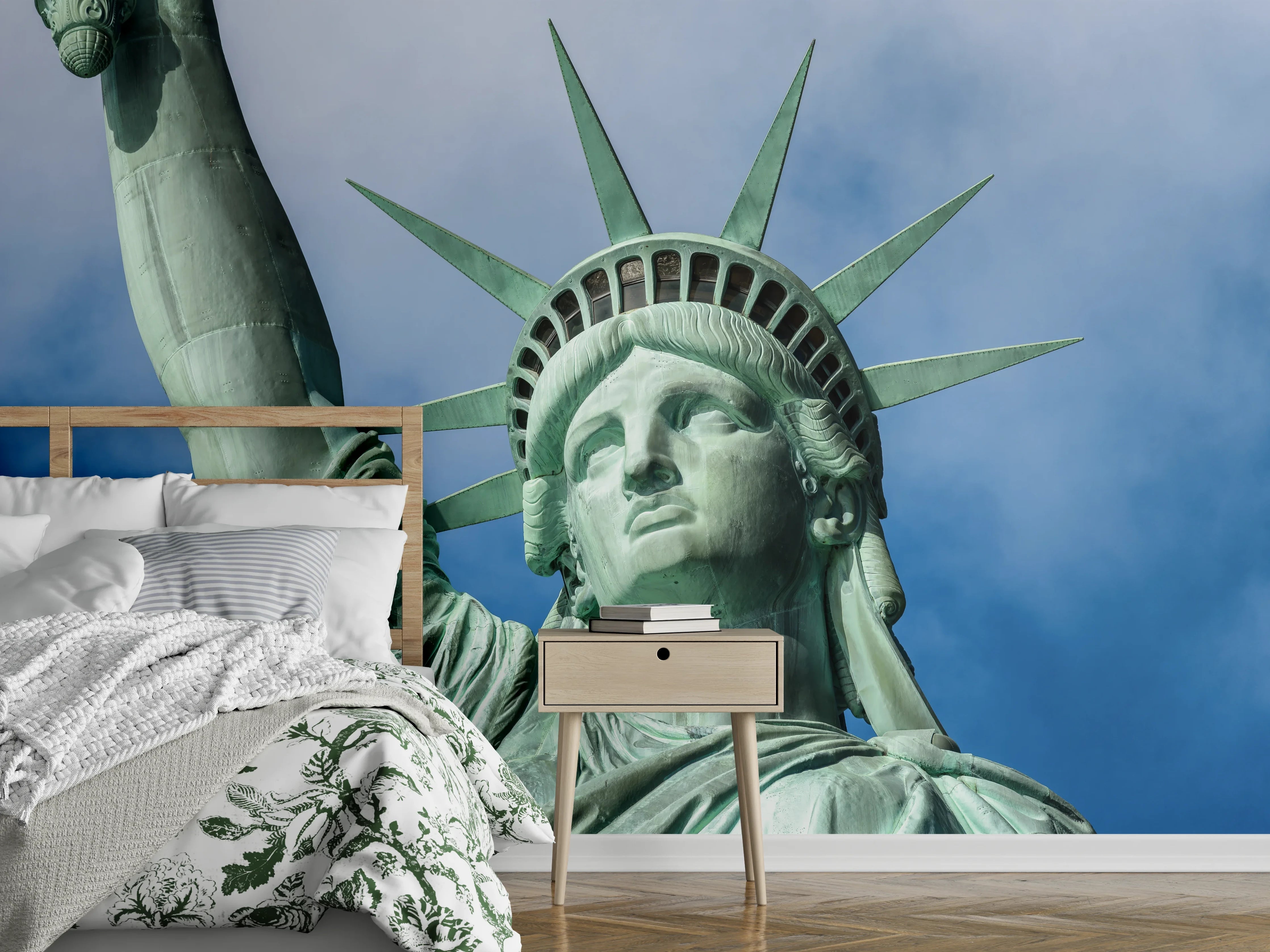 Wandverkleidung Schlafzimmer - Freiheitsstatue Wandbild, New York Skyline