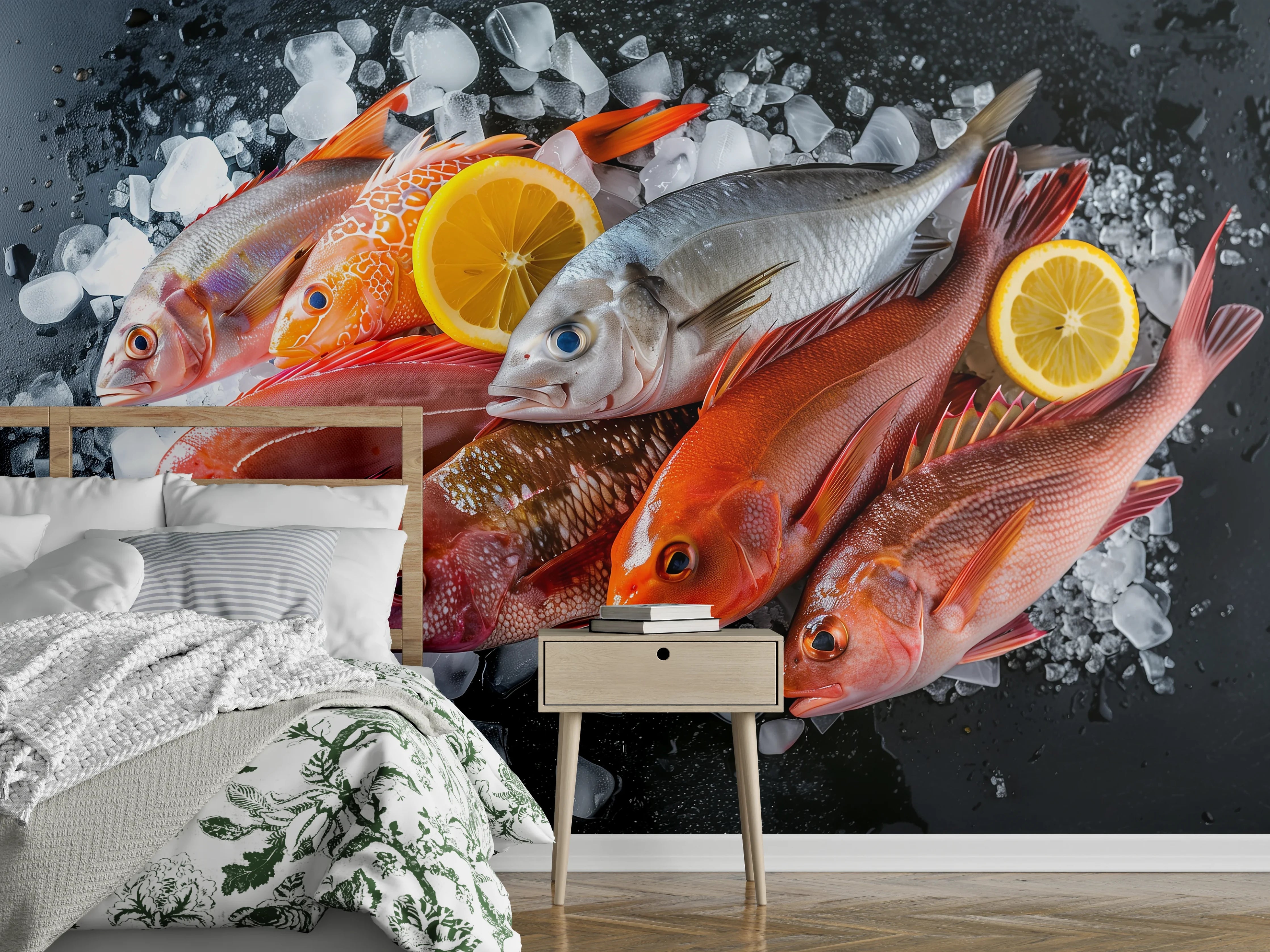 Wandverkleidung Schlafzimmer - Frische Meeresfische auf Eis