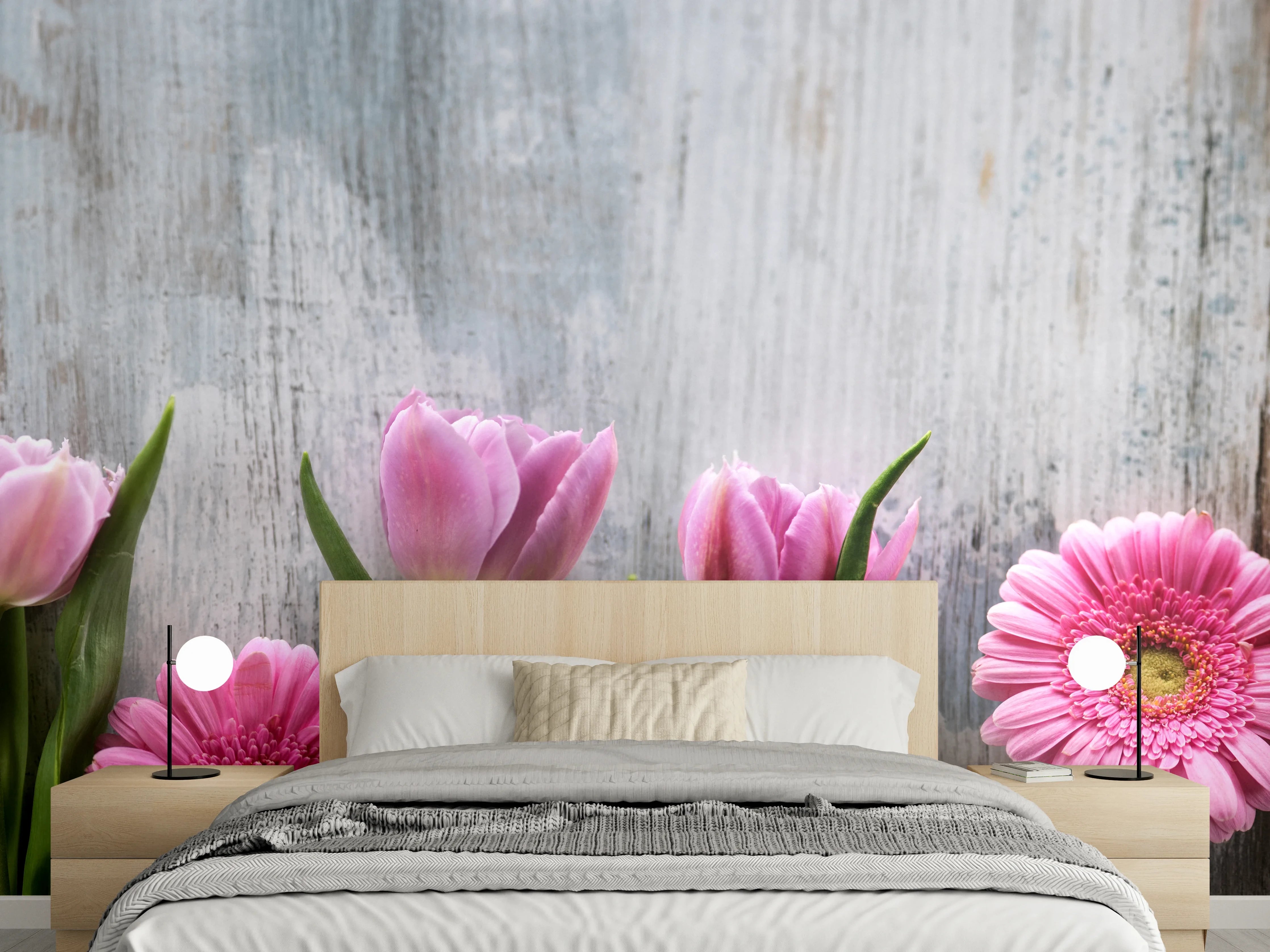 Wandverkleidung Schlafzimmer - Frühlingsblumen auf schäbigem Holz