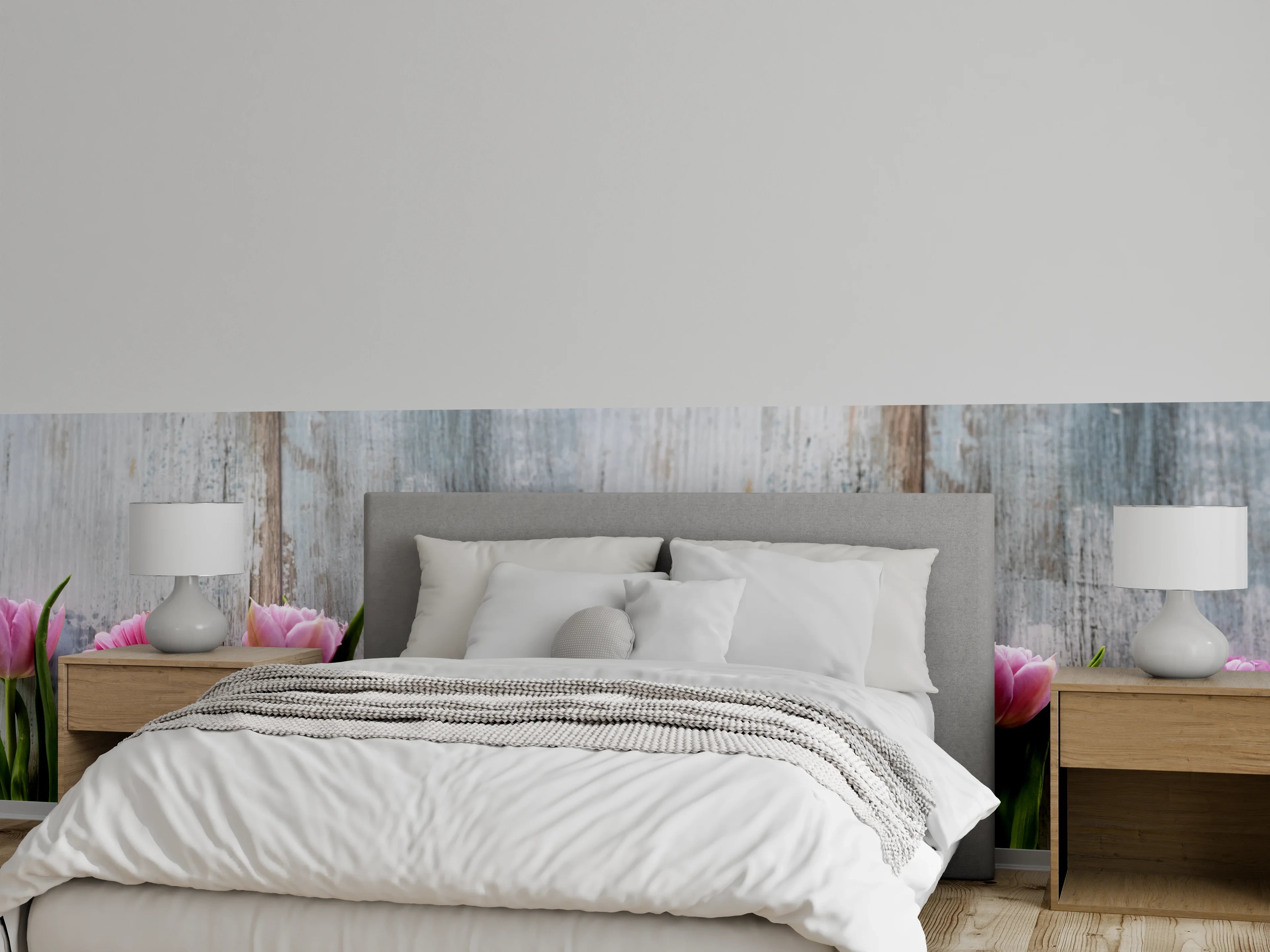 Wandverkleidung Schlafzimmer - Frühlingsblumen auf schäbigem Holz