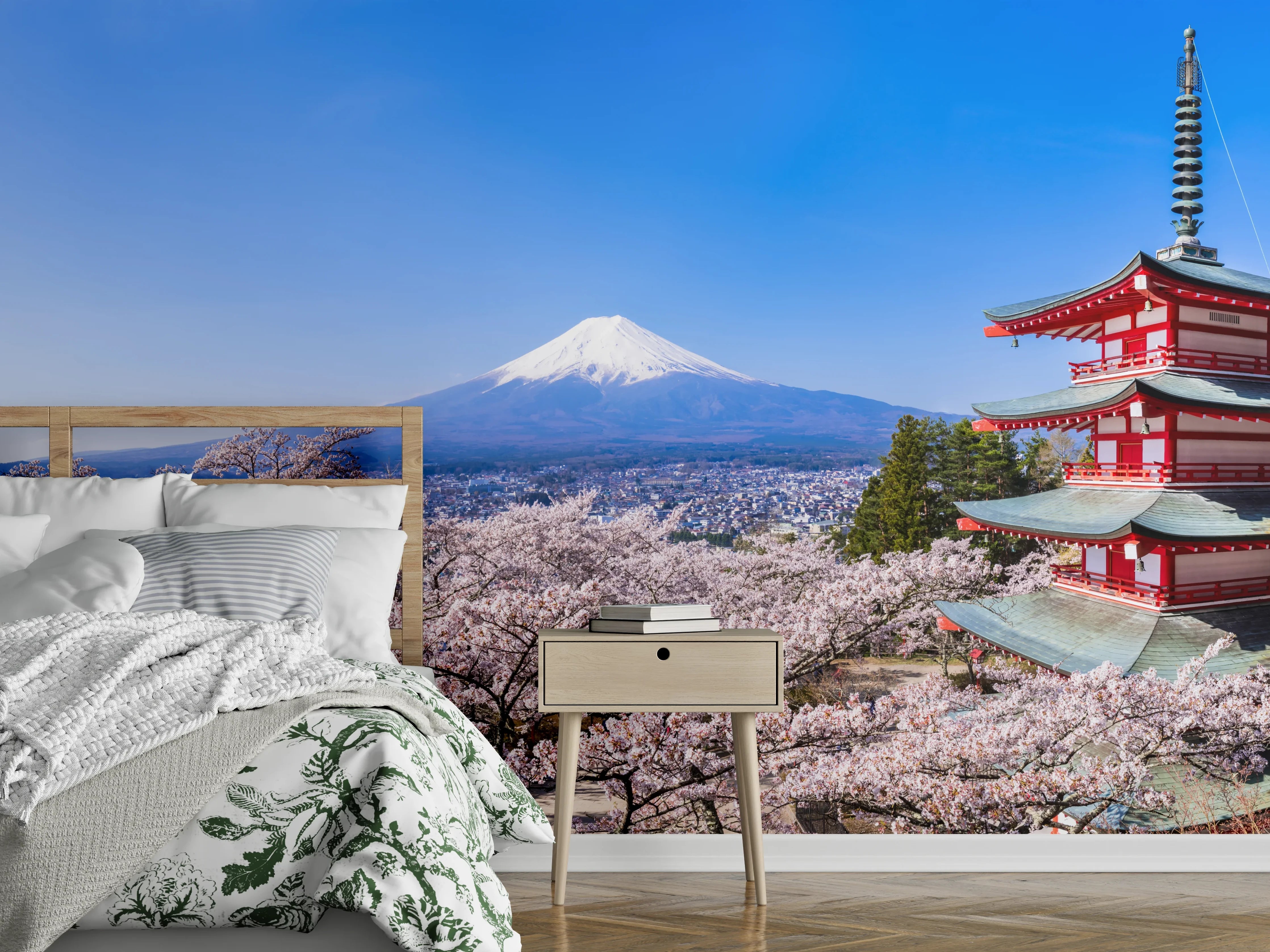 Wandverkleidung Schlafzimmer - Fuji und Pagode im Kirschblütenmeer