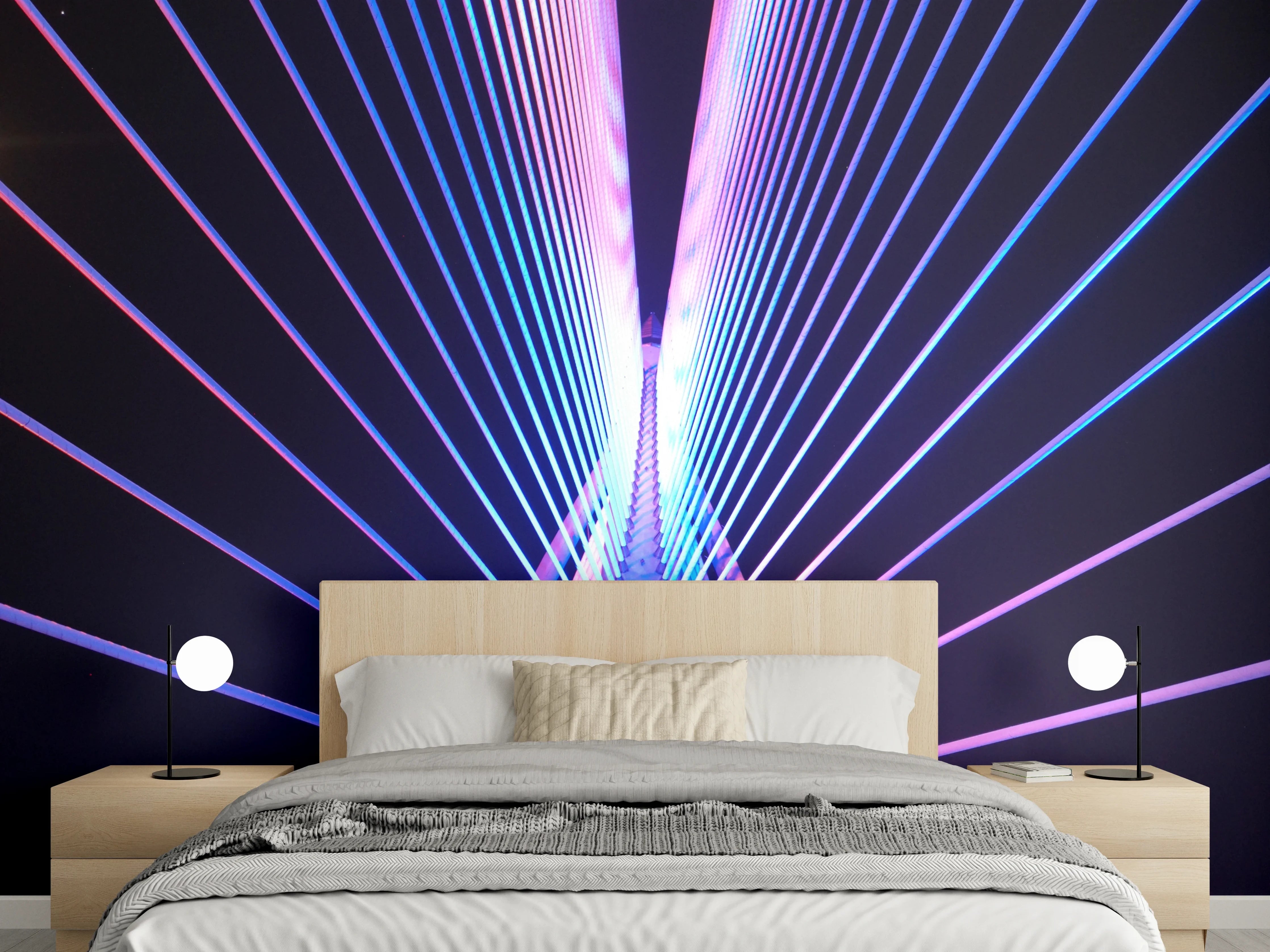 Wandverkleidung Schlafzimmer - Futuristische Brücke in Neonfarben