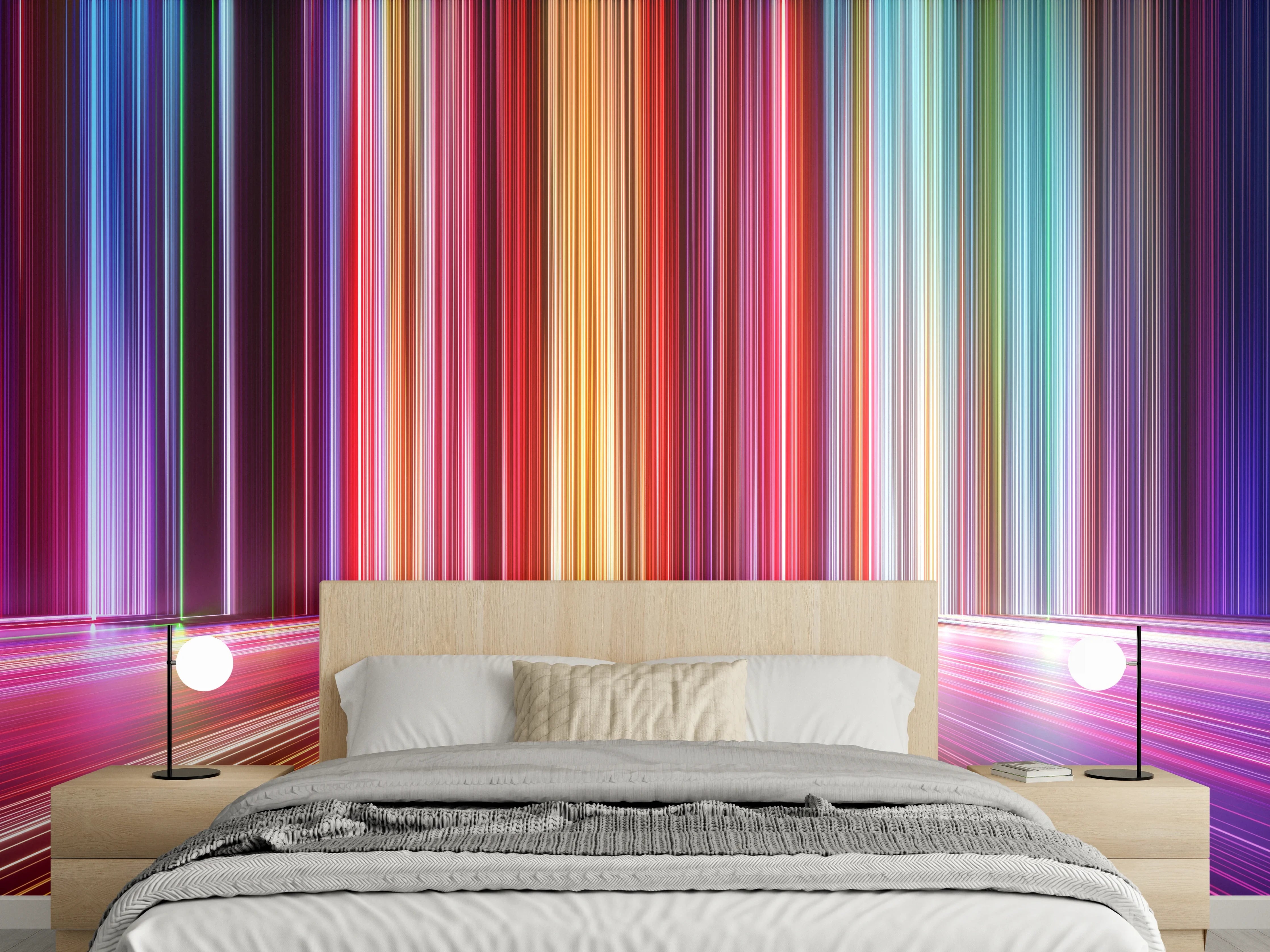 Wandverkleidung Schlafzimmer - Futuristische bunte Lichtstreifen Wandbild