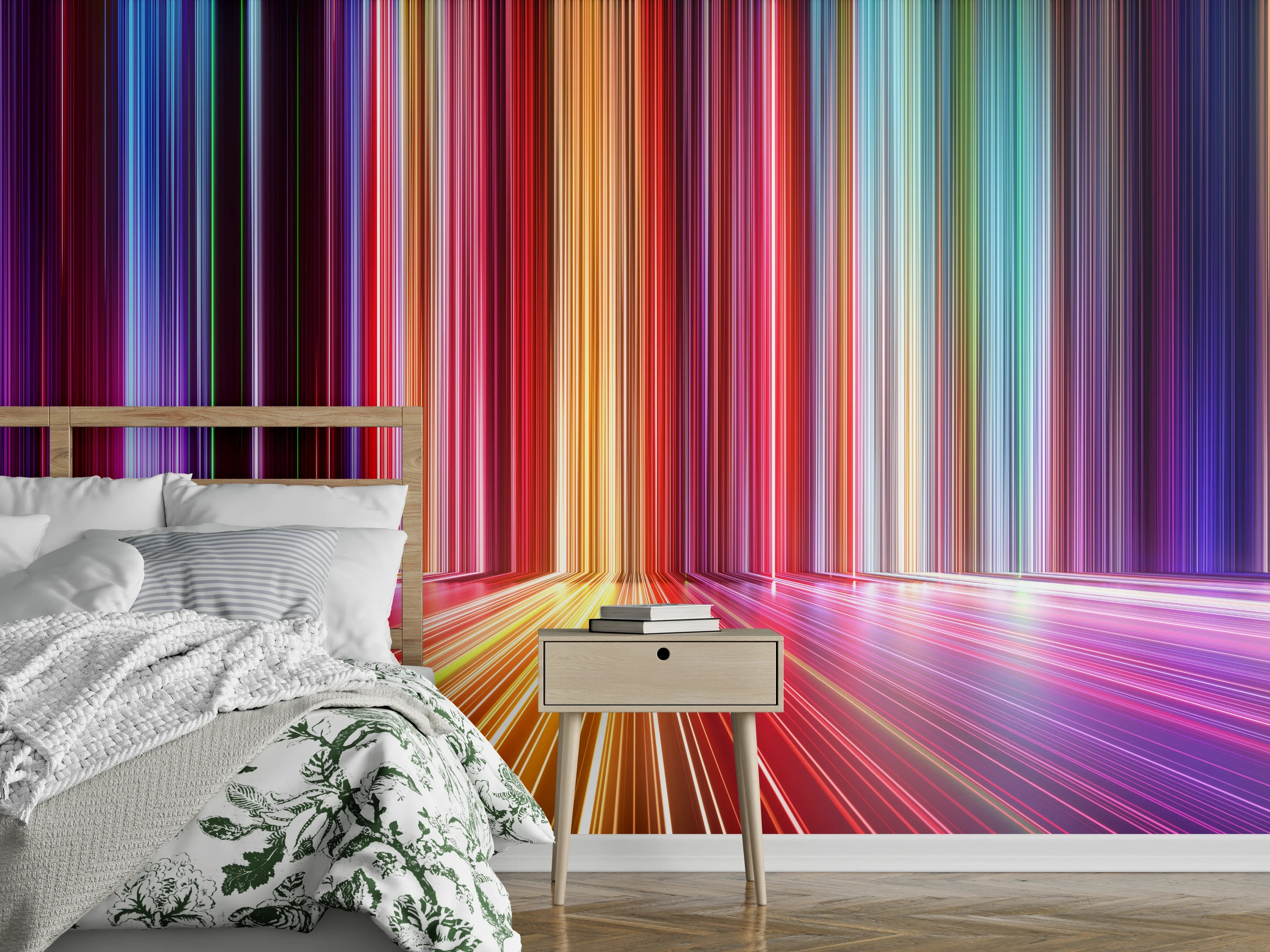 Wandverkleidung Schlafzimmer - Futuristische bunte Lichtstreifen Wandbild