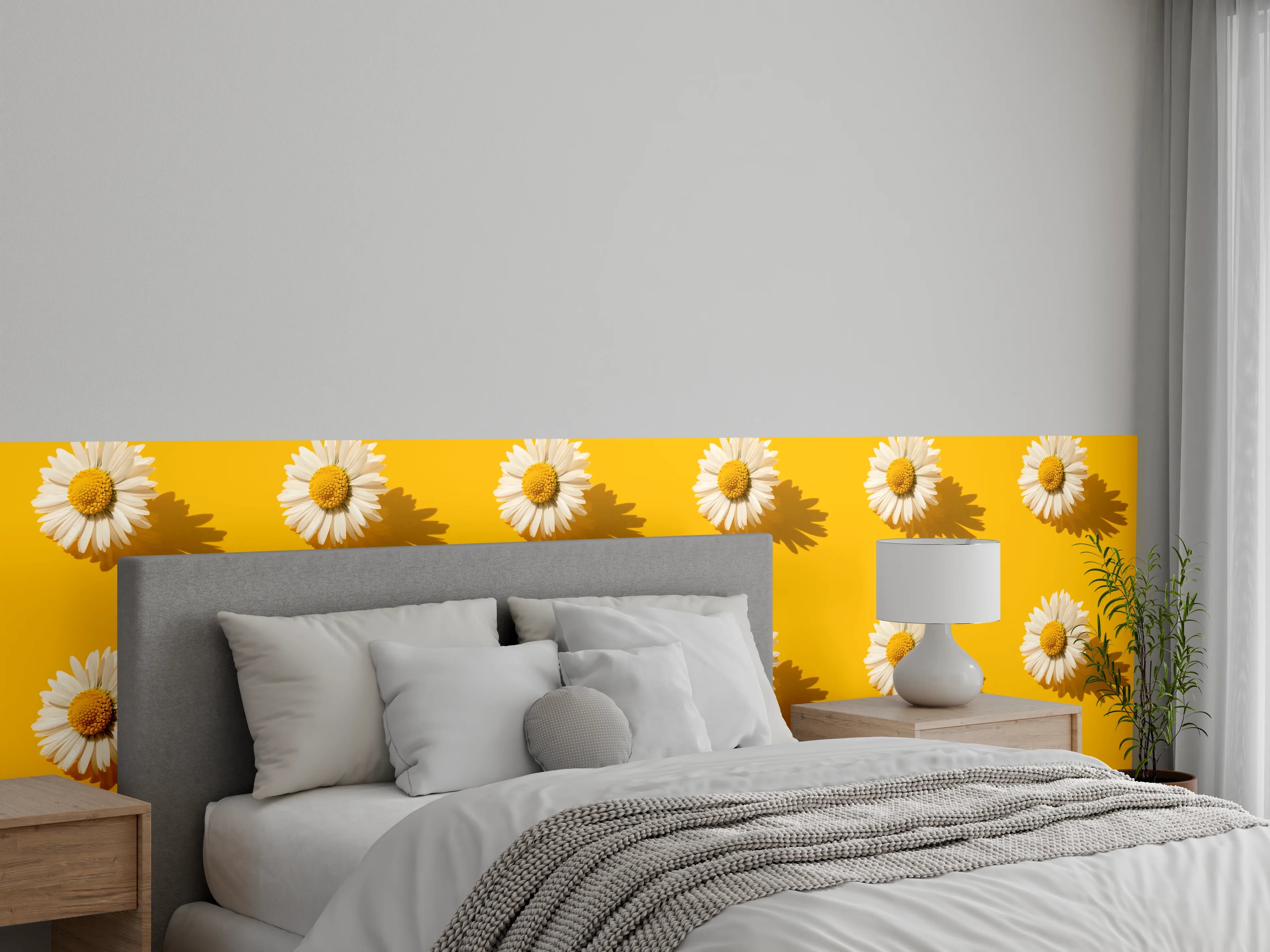 Wandverkleidung Schlafzimmer - Gänseblümchen Muster auf gelbem Hintergrund