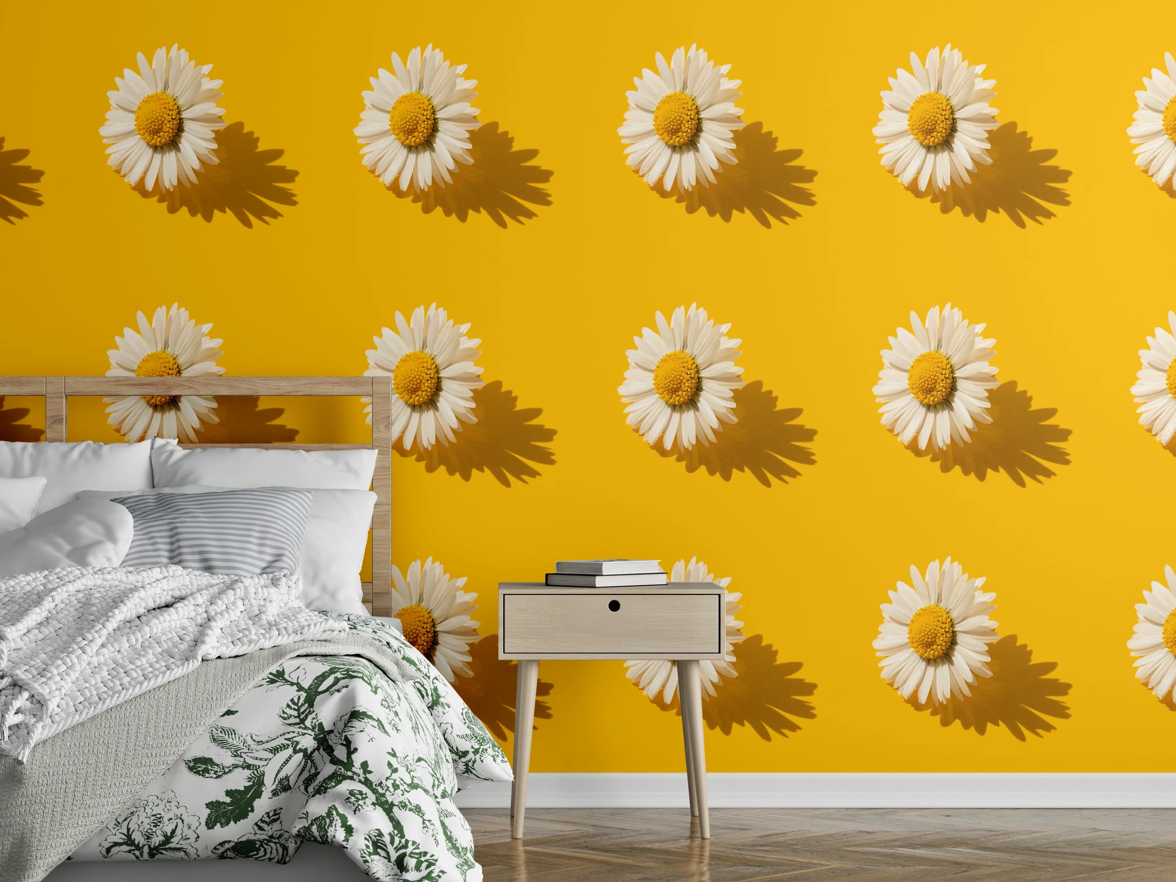 Wandverkleidung Schlafzimmer - Gänseblümchen Muster auf gelbem Hintergrund