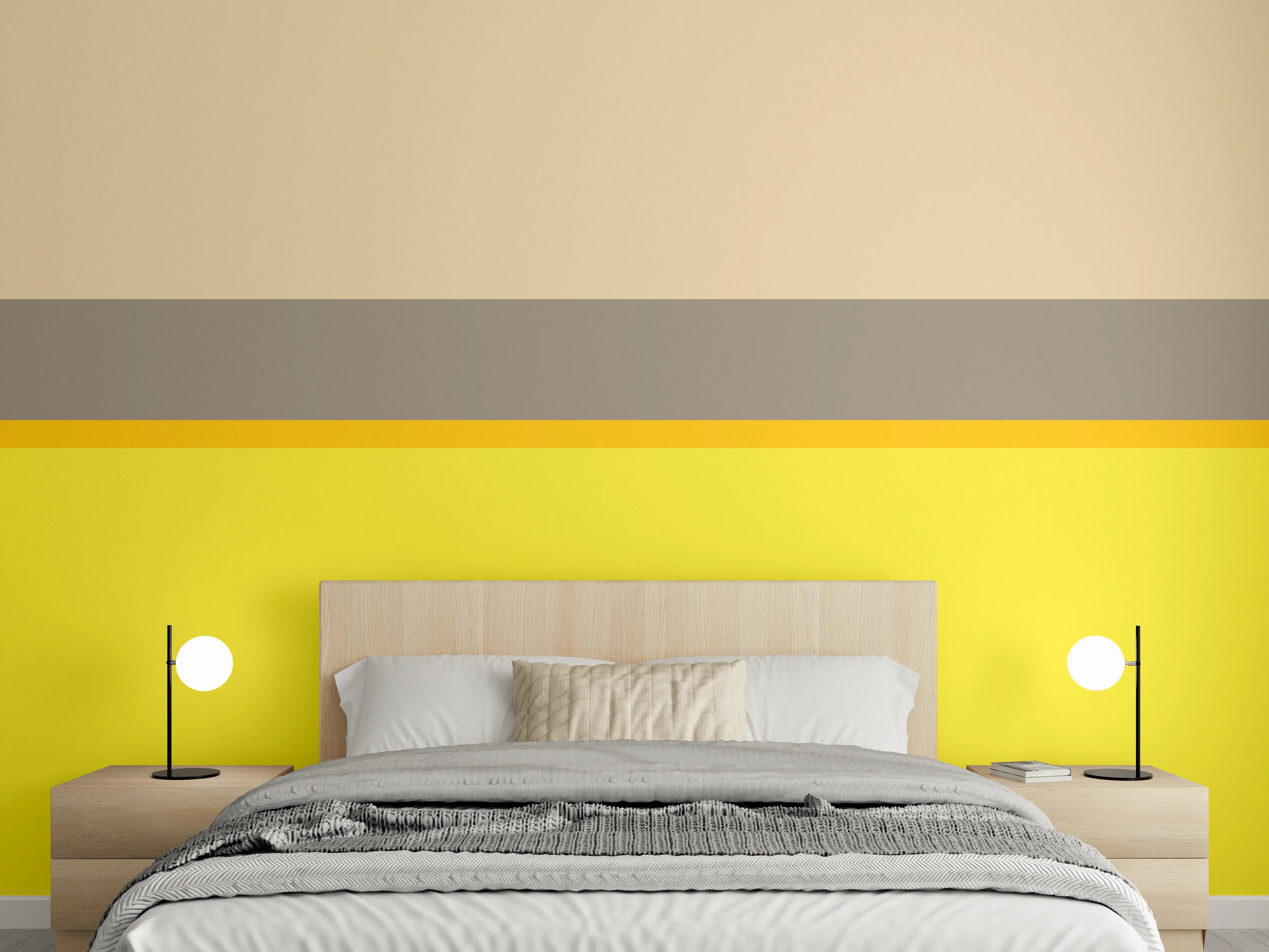 Wandverkleidung Schlafzimmer - Gelb-Beige Streifen mit grauweißem Akzent