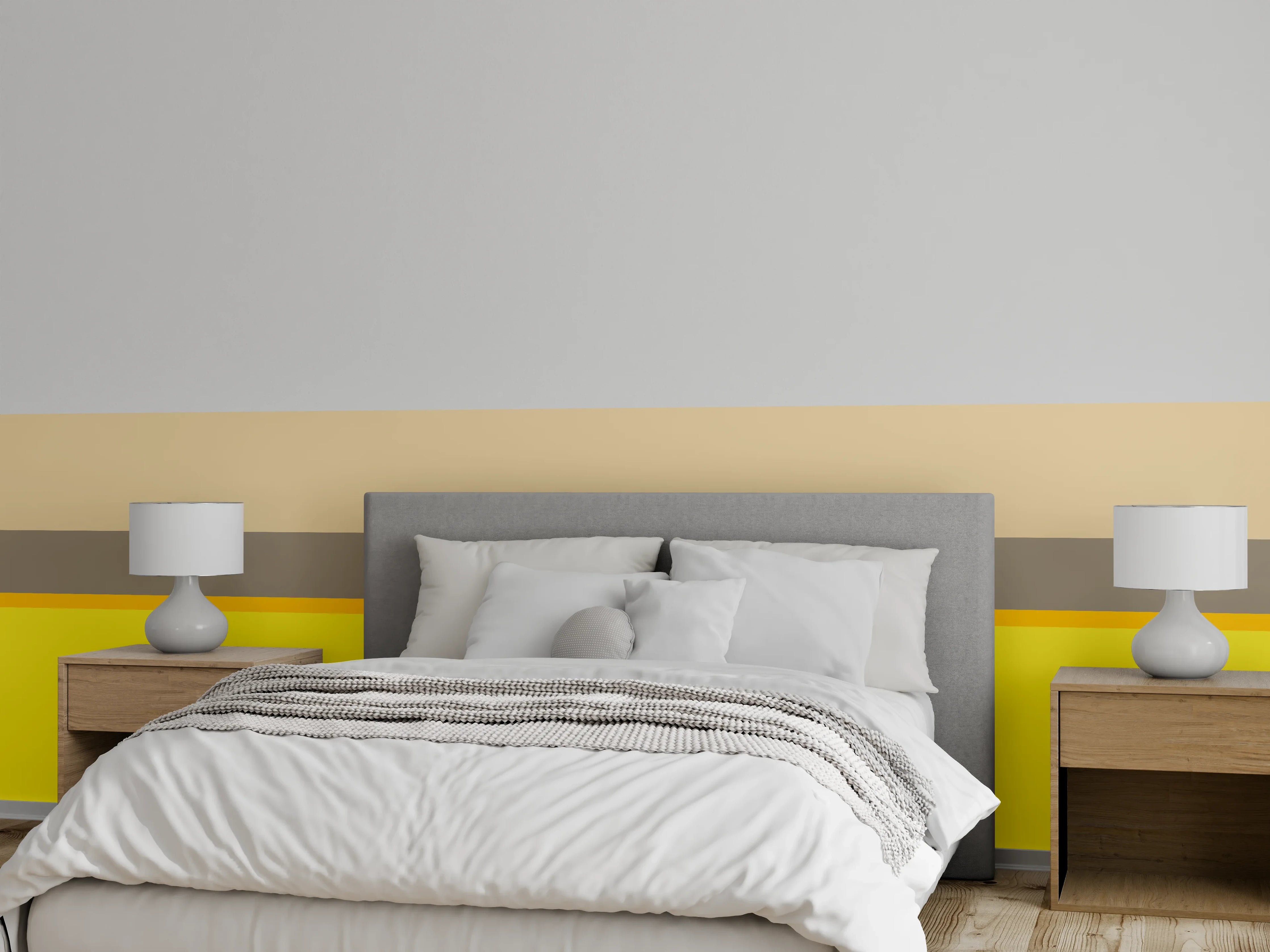 Wandverkleidung Schlafzimmer - Gelb-Beige Streifen mit grauweißem Akzent