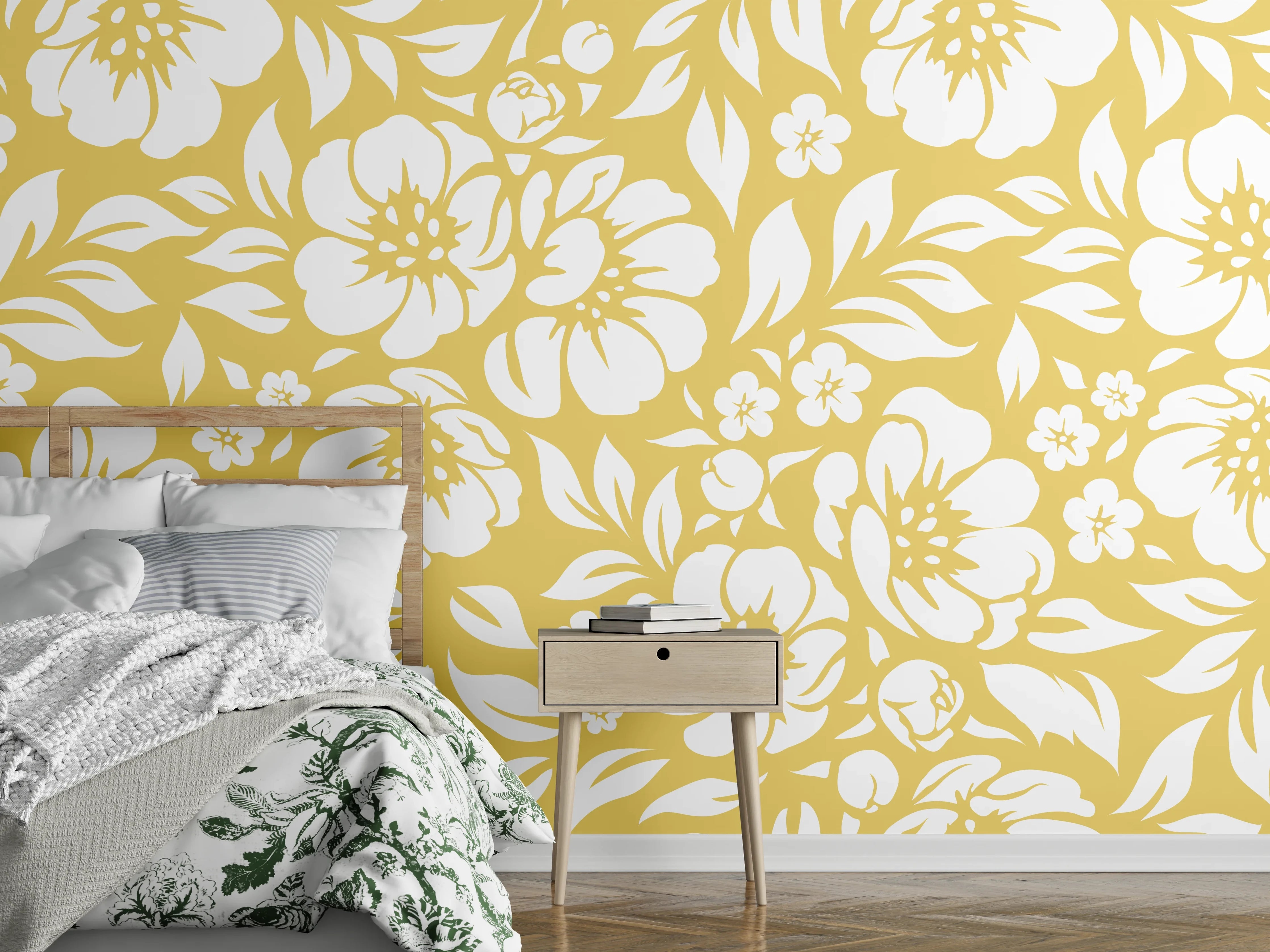 Wandverkleidung Schlafzimmer - Gelbes Blumenmuster auf Weiß