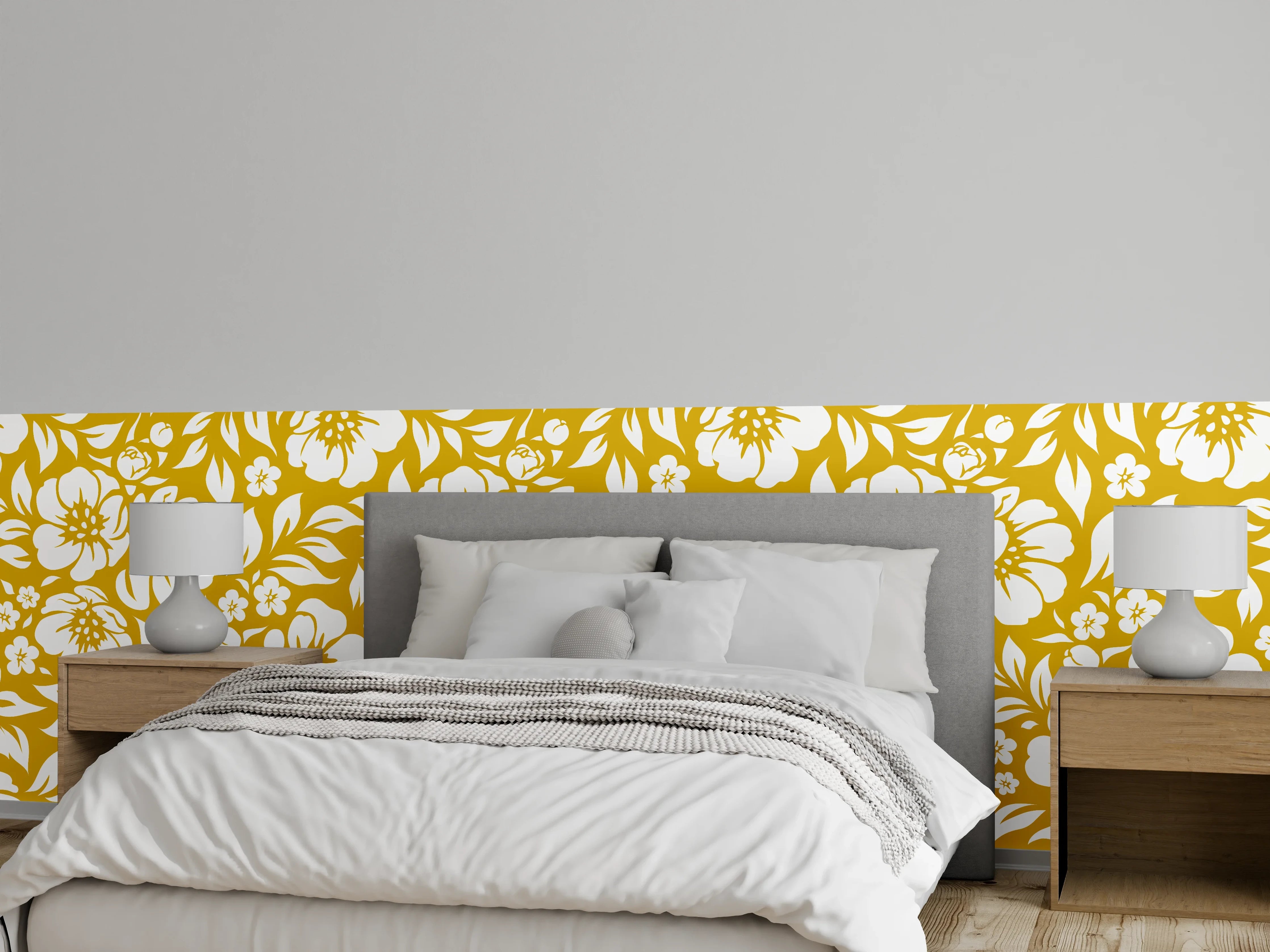 Wandverkleidung Schlafzimmer - Gelbes Blumenmuster mit weißen Akzenten
