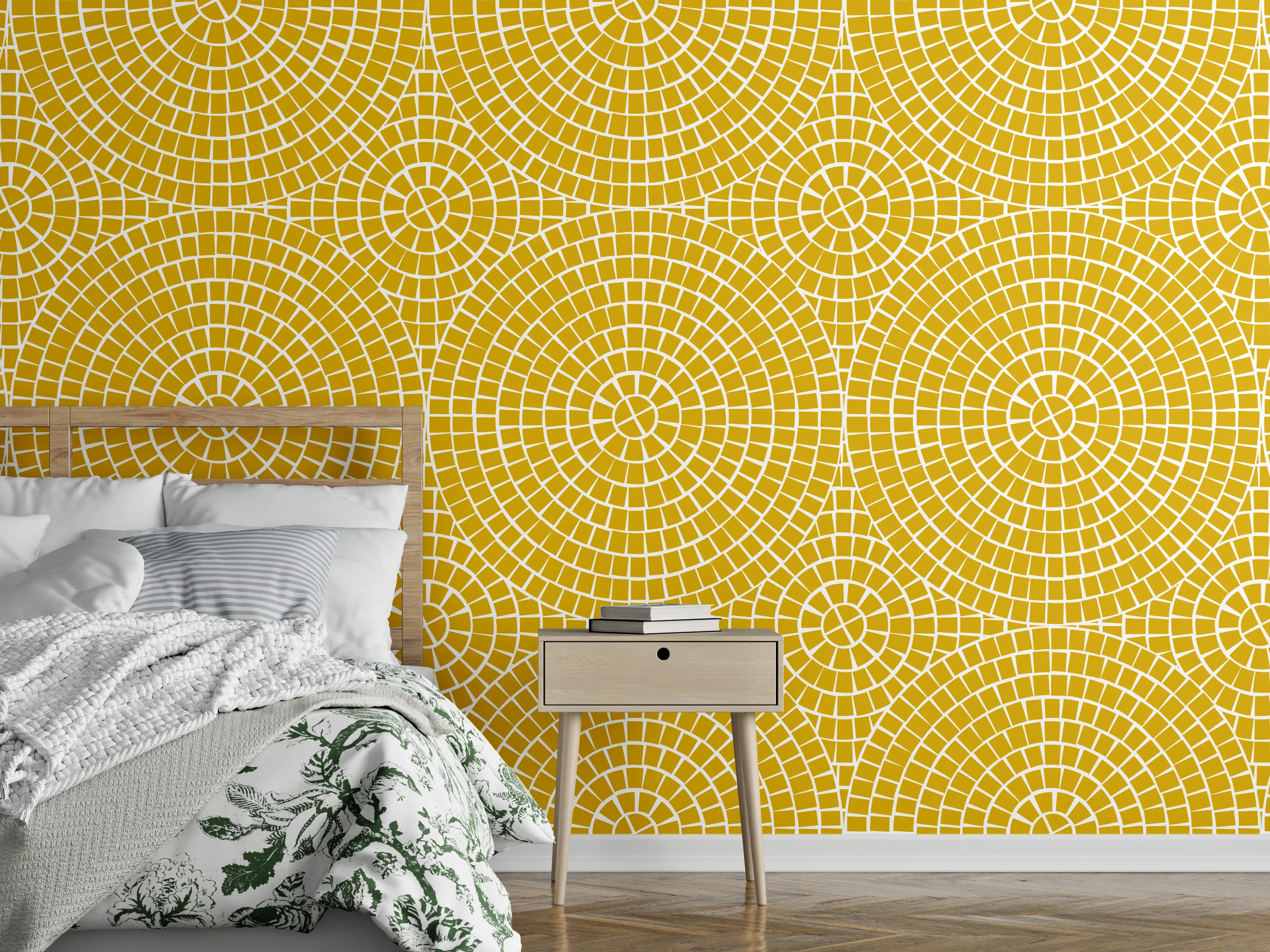 Wandverkleidung Schlafzimmer - Gelbes Retro-Muster für Wanddeko