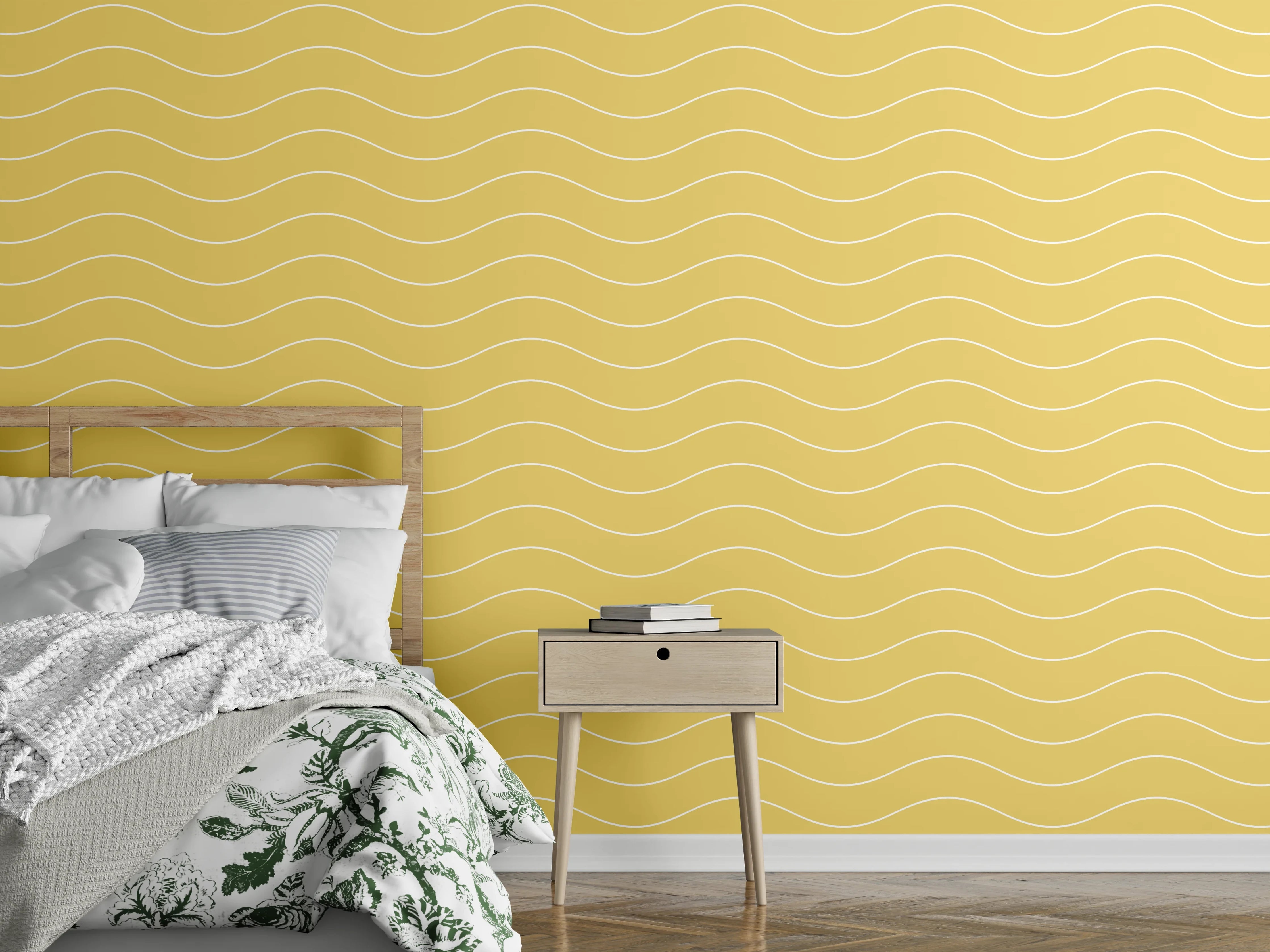 Wandverkleidung Schlafzimmer - Gelbes Wellenmuster für moderne Wandgestaltung