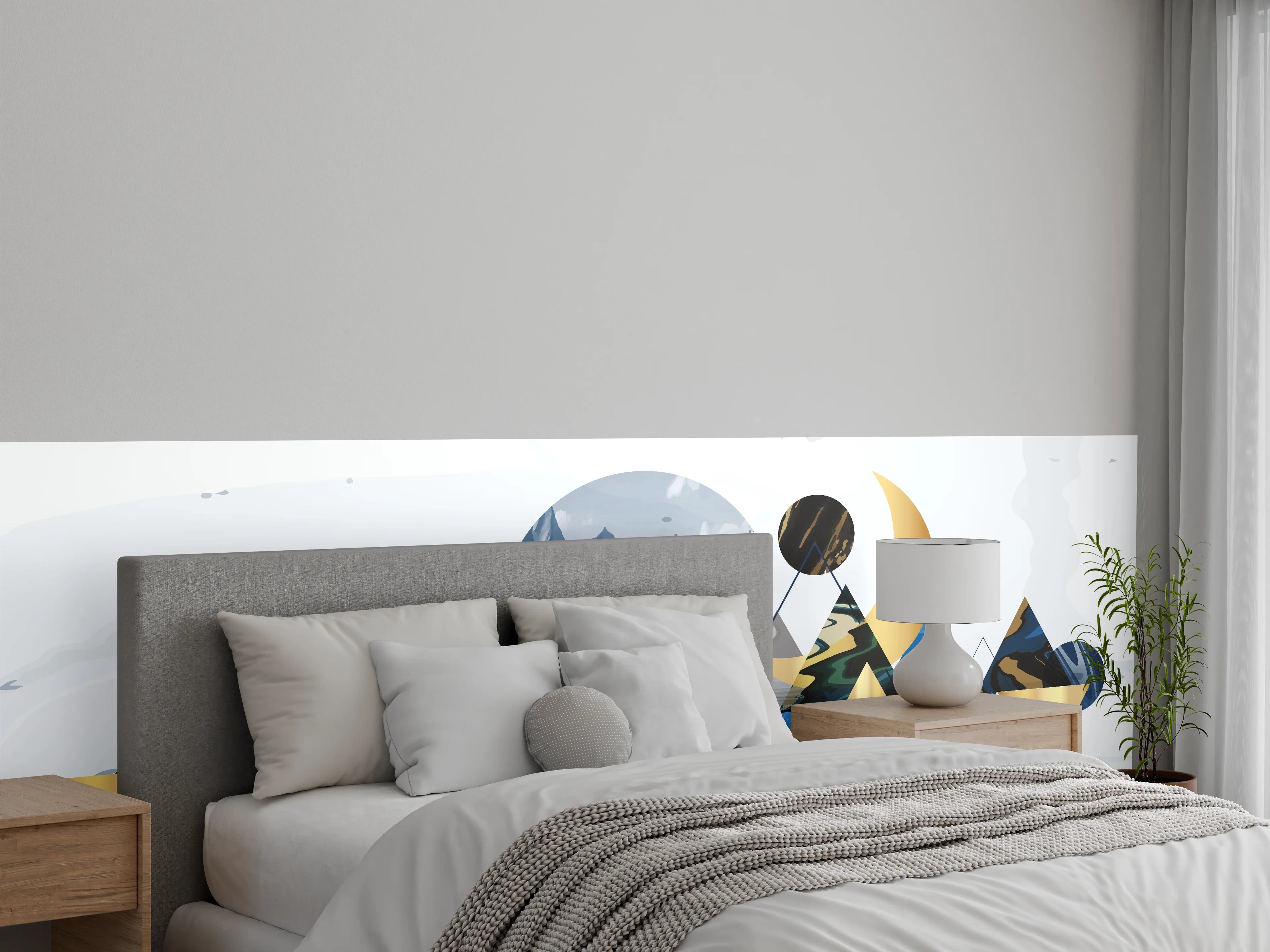 Wandverkleidung Schlafzimmer - Geometrische Berglandschaft in Blau