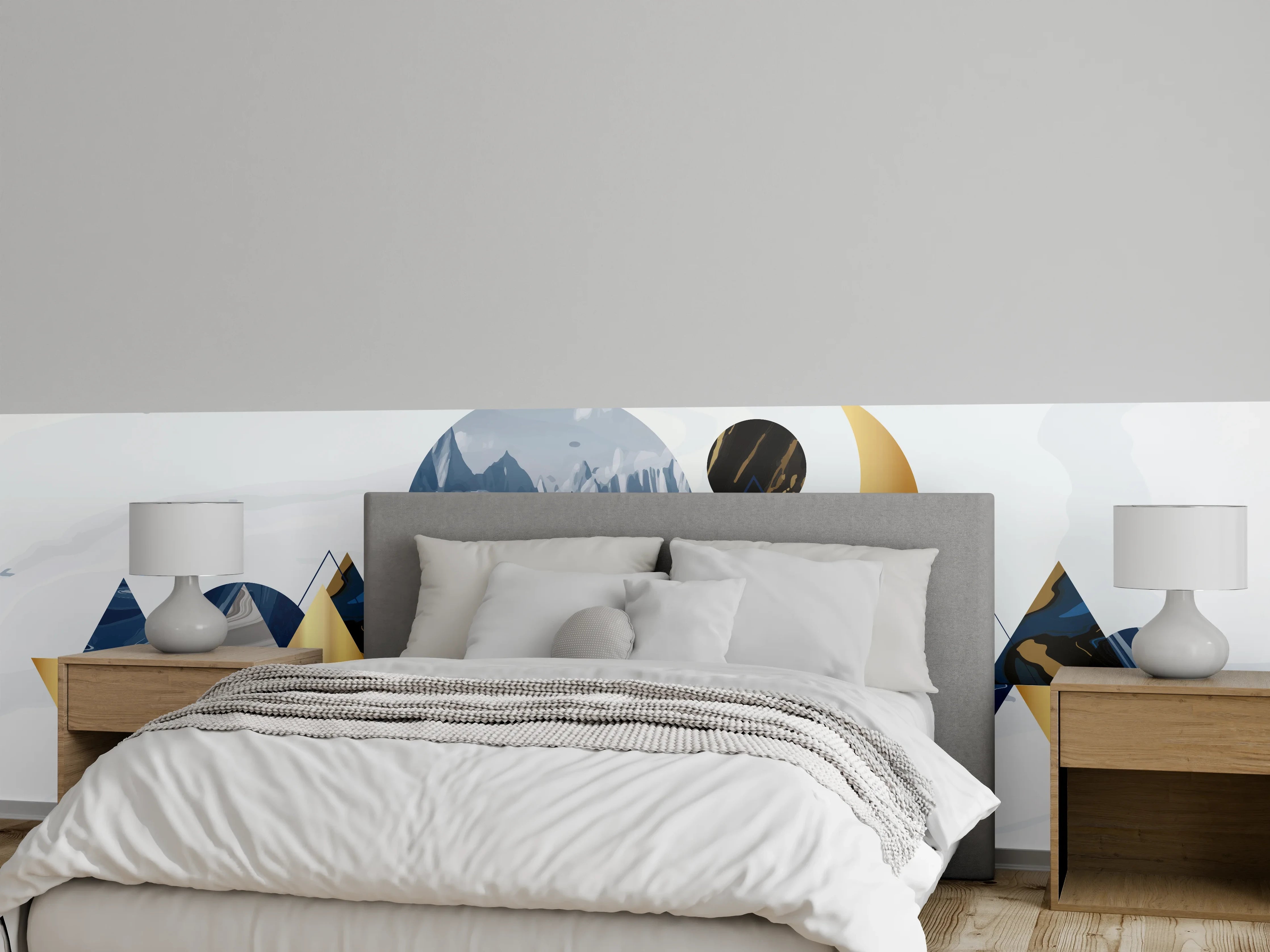 Wandverkleidung Schlafzimmer - Geometrische Berglandschaft in Blau