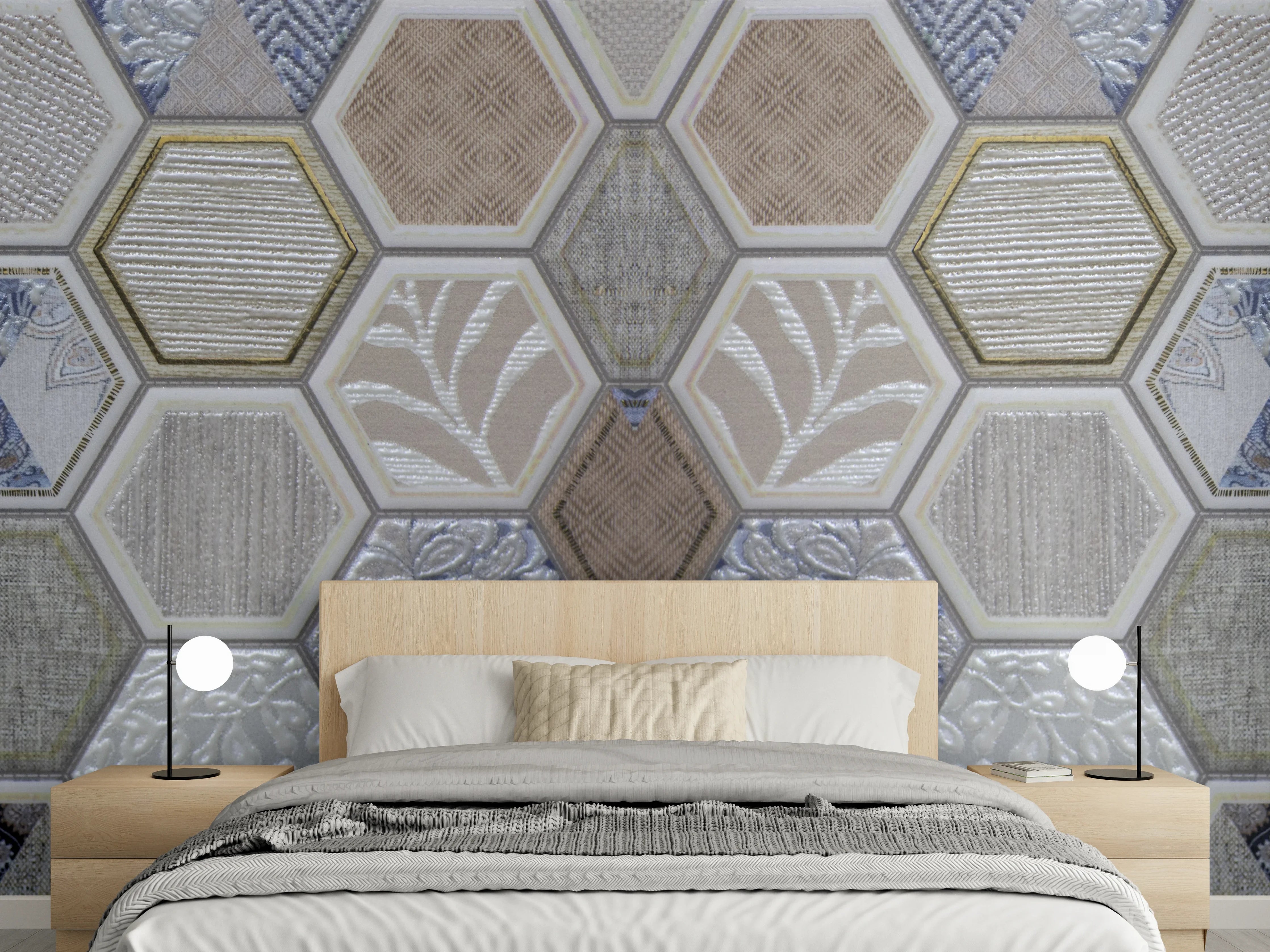 Wandverkleidung Schlafzimmer - Geometrische Blau-Beige Fliesen