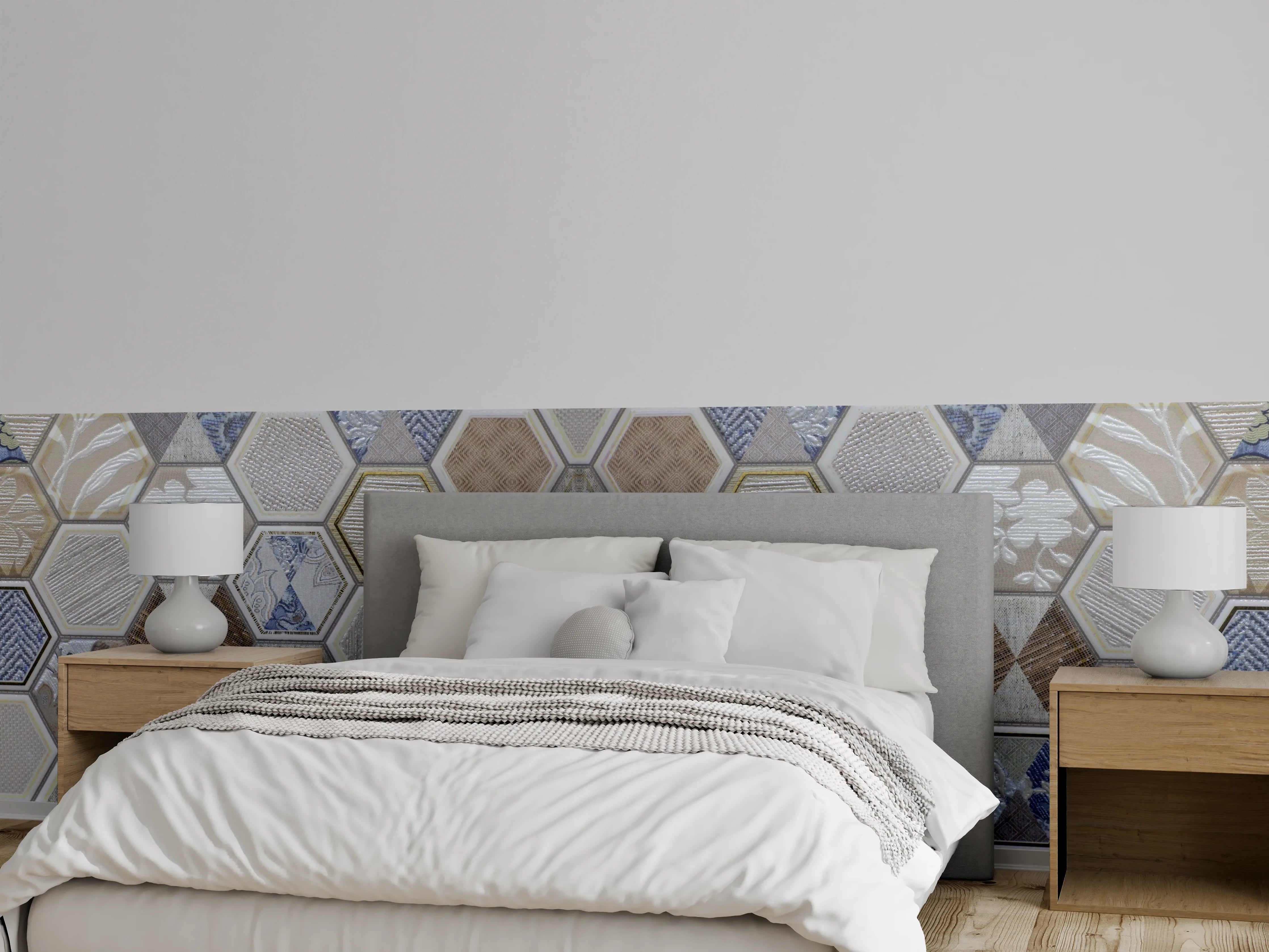 Wandverkleidung Schlafzimmer - Geometrische Blau-Beige Fliesen