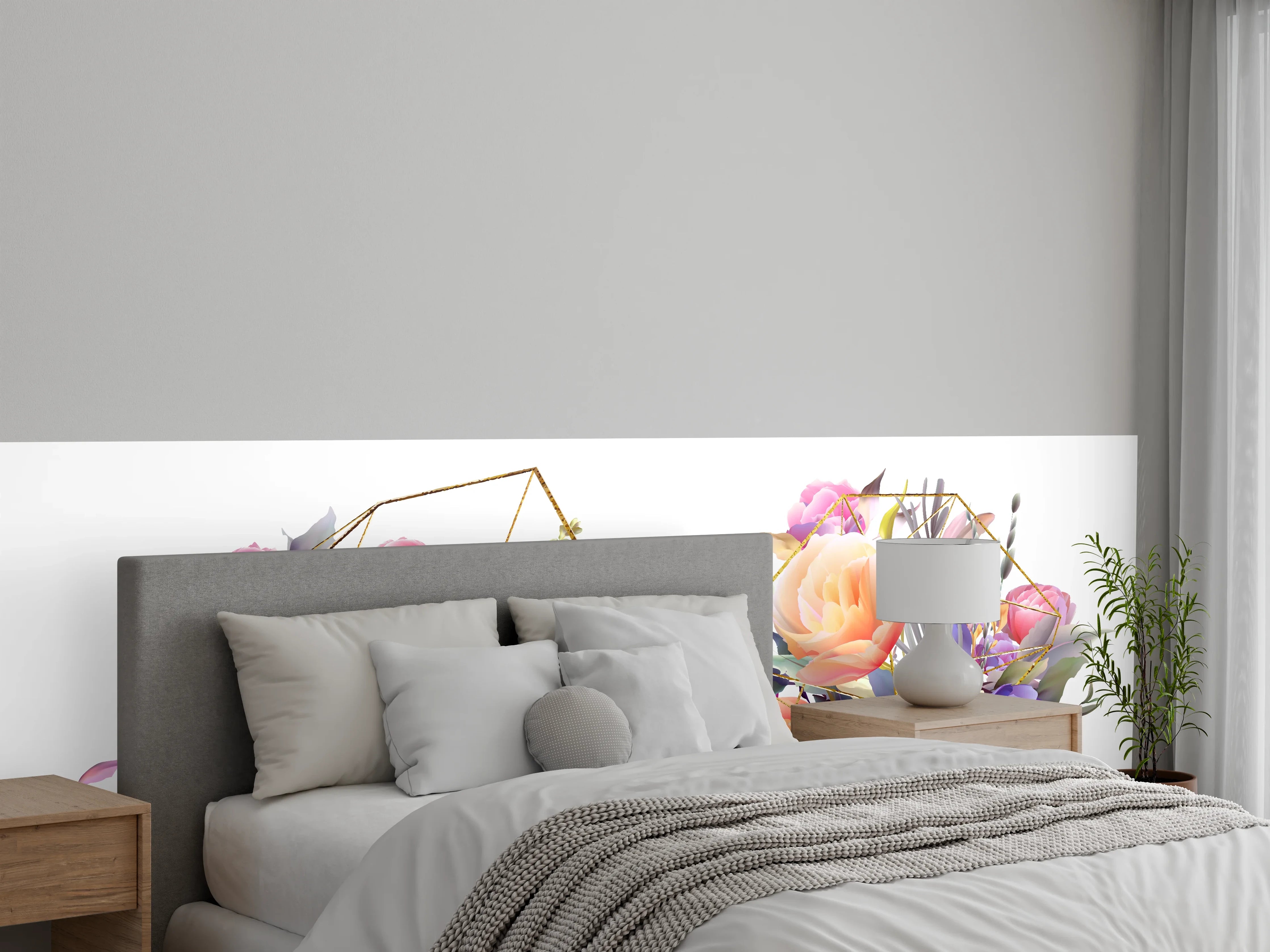 Wandverkleidung Schlafzimmer - Geometrische Blumen Goldglanz