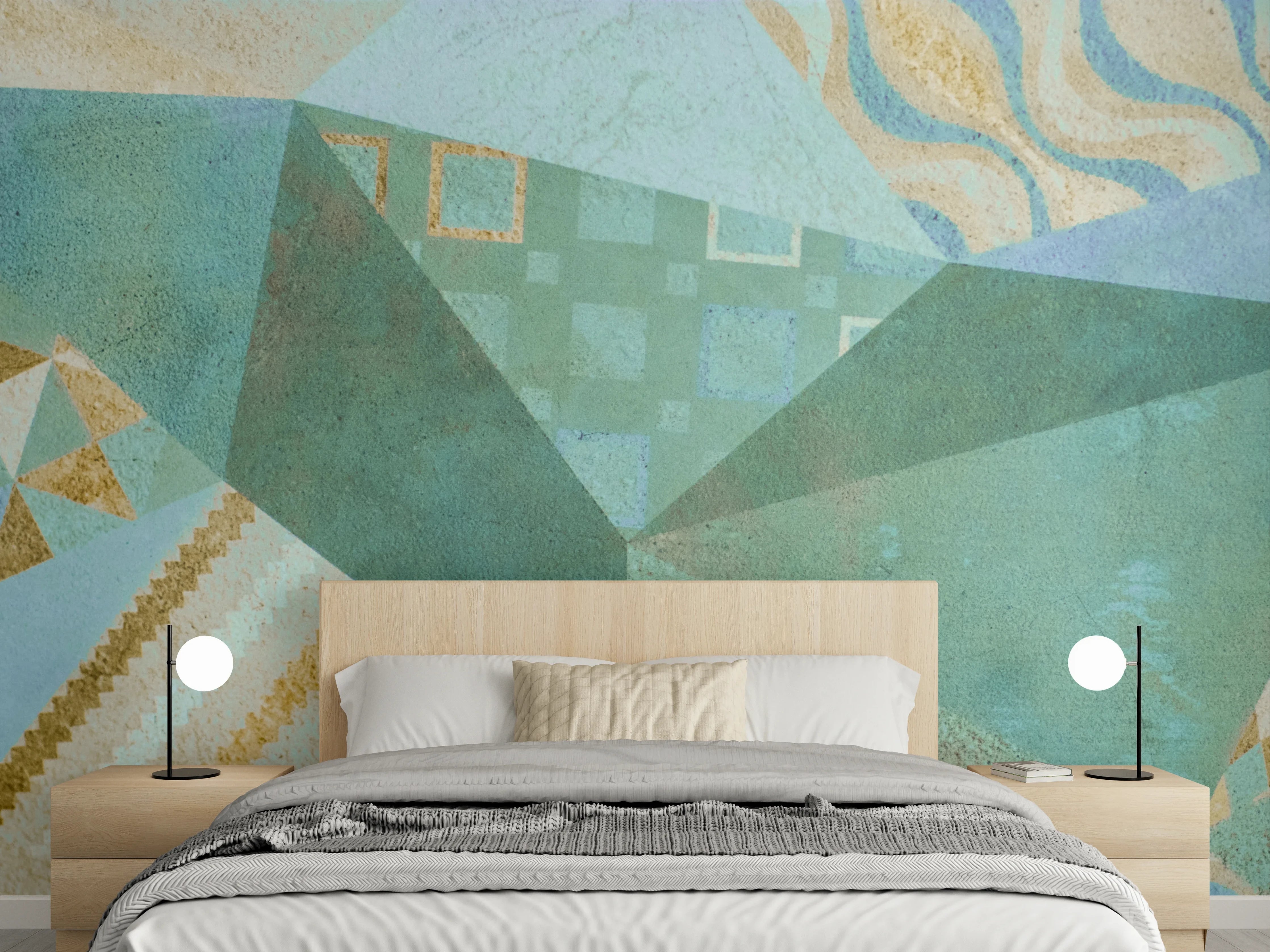 Wandverkleidung Schlafzimmer - Geometrische Muster in Türkis und Gold