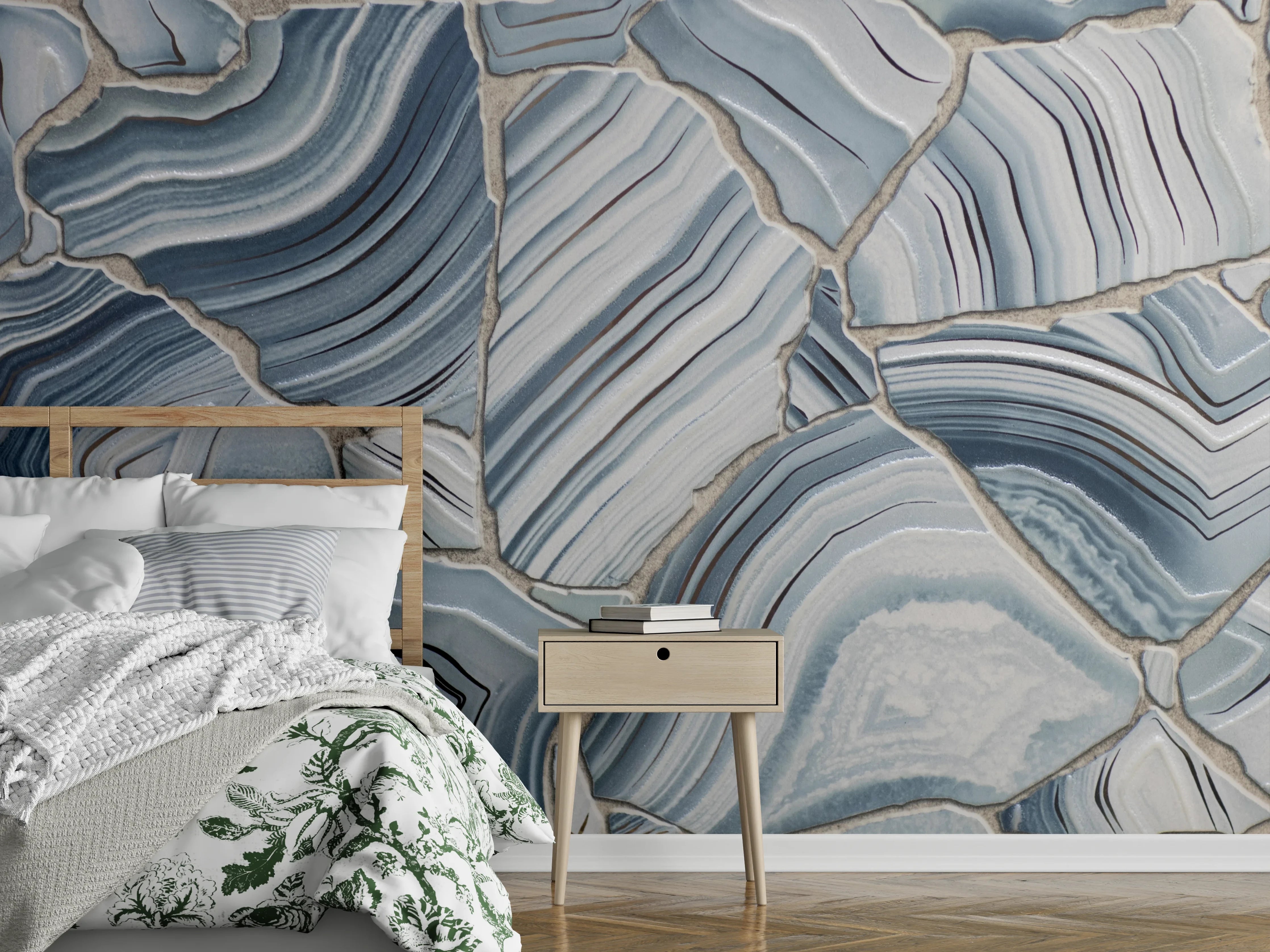 Wandverkleidung Schlafzimmer - Geometrische Steinoptik: Edle Blau-Grau Muster